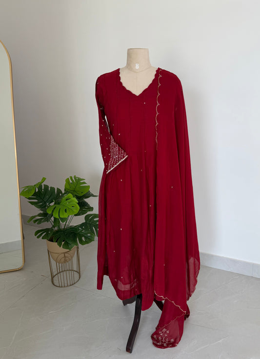K630 - Mul chanderi handwork aline Kurti with pants and dupatta