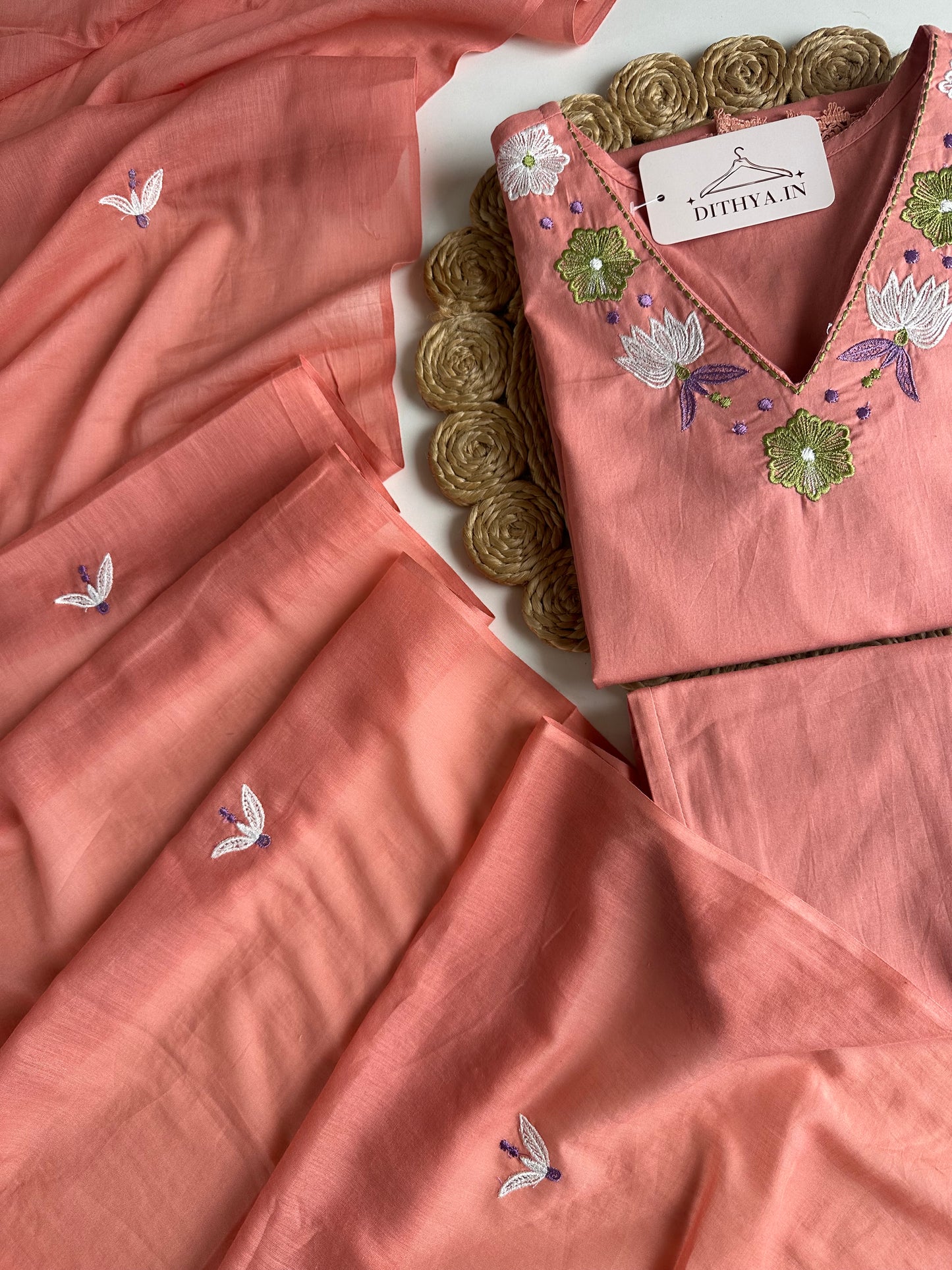K655 - Mul cotton embroidered straight Kurti with pants and dupatta