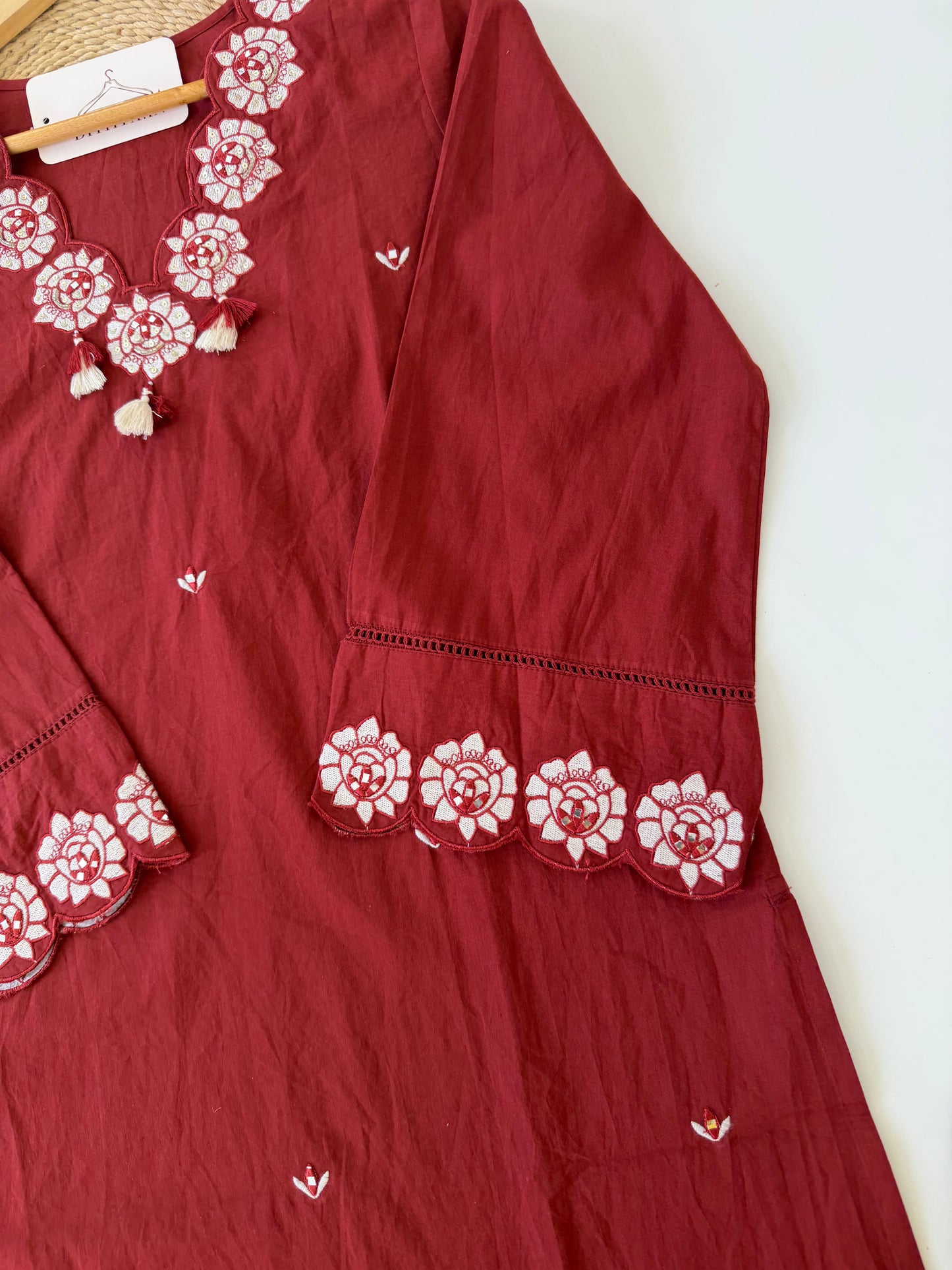 K146 - Mul cotton embroidered straight Kurti with pants and dupatta