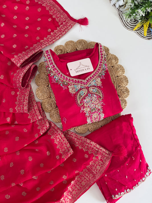 K643 - Dola silk Handwork straight Kurti with pants and dupatta