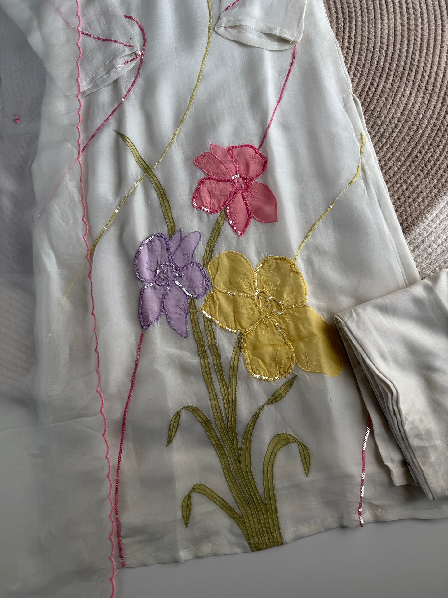K341 - Viscose organza handwork straight Kurti with pants and dupatta