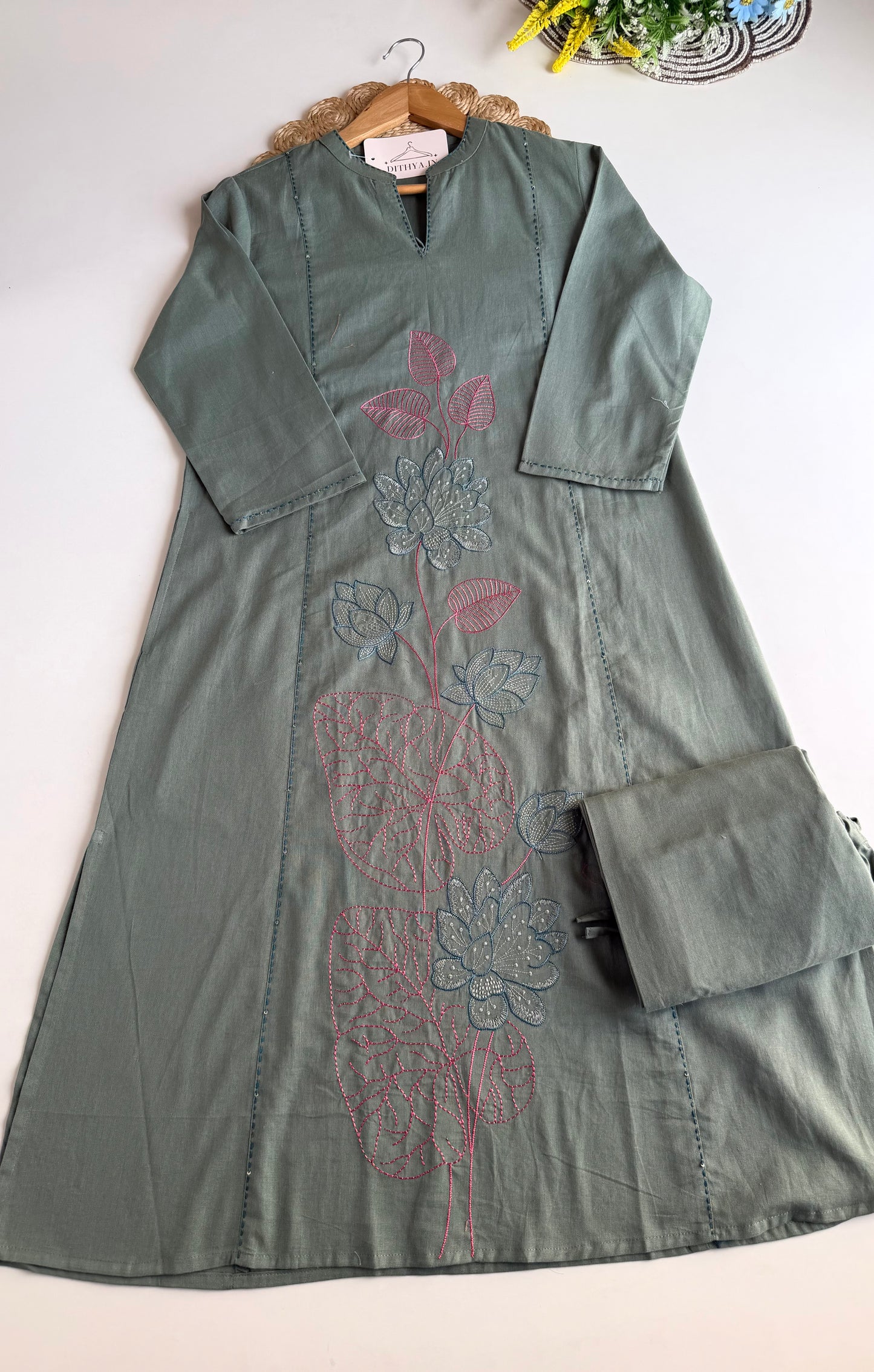 K660 - Linen cotton embroidered Aline Kurti with pants