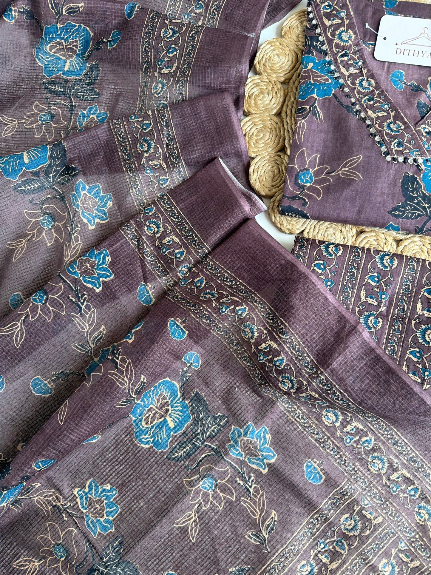 K163 - Mul cotton embroidered Aline Kurti with pants and dupatta