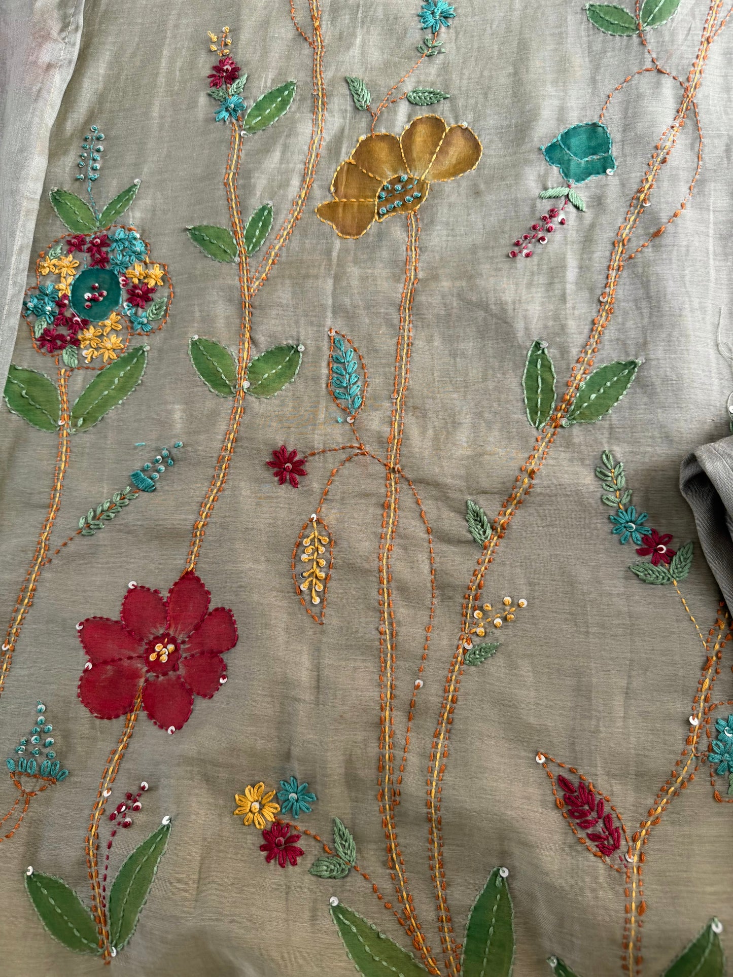 K496 - Mul chanderi appliqué work aline Kurti with pants and dupatta
