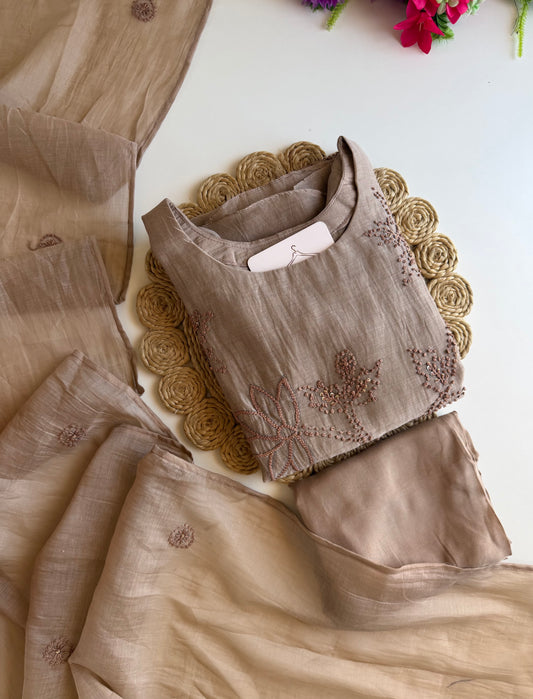 K056 - Mul chanderi French knot embroidered Aline Kurti with pants and dupatta in 2 colours