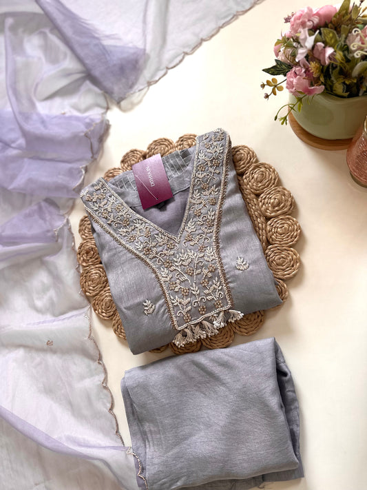 K130 - Russian silk Handwork straight kurti with pants and dupatta .
