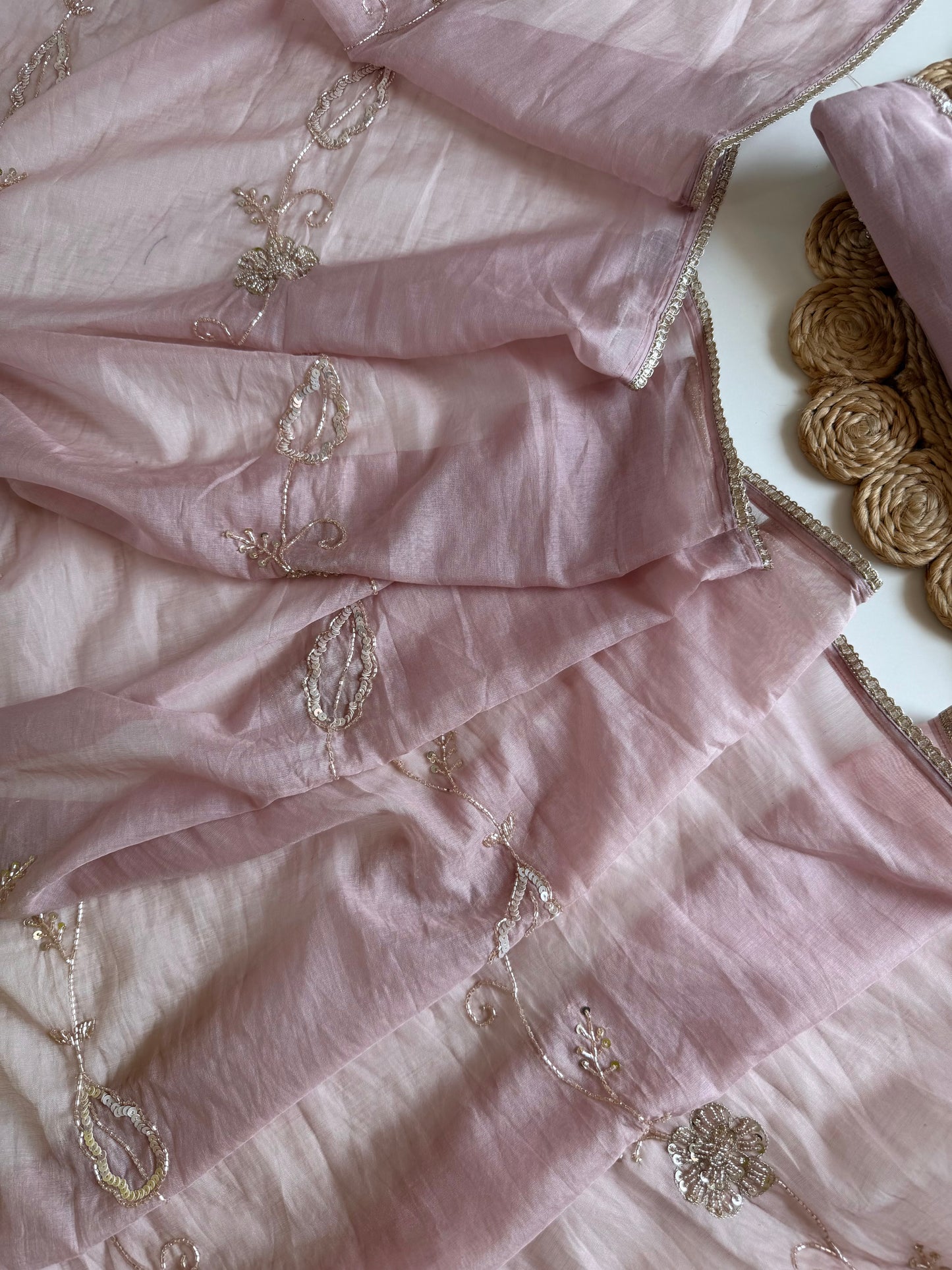 K245 - Mul chanderi handwork aline Kurti with pants and dupatta