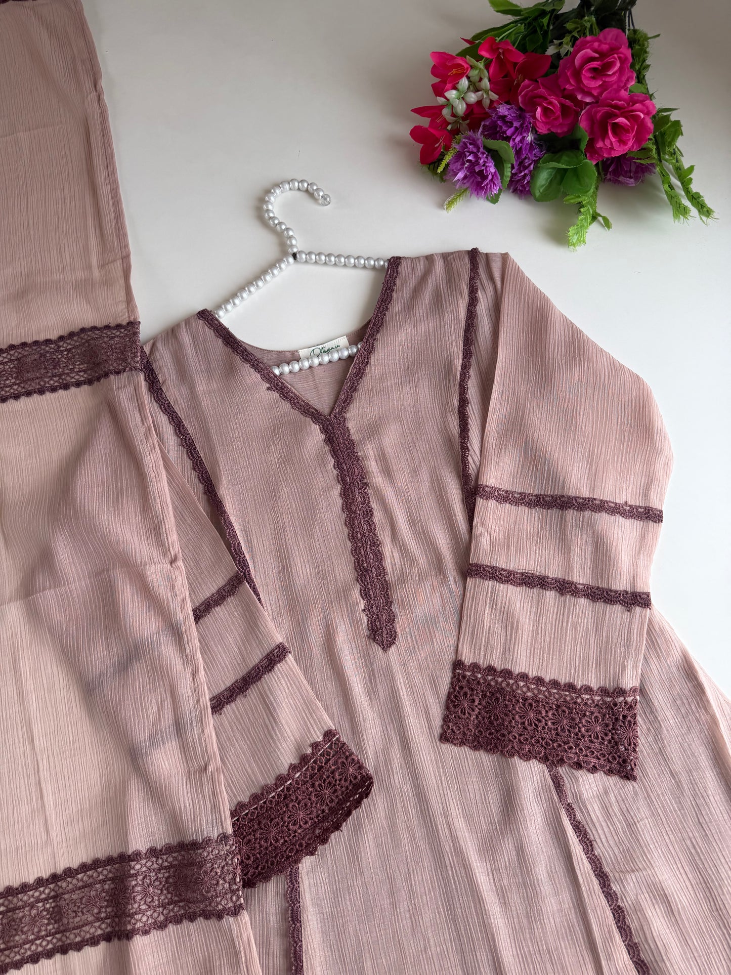 K515 - Crushed Mul cotton embroidered Aline Kurti with pants and dupatta in 2 colours