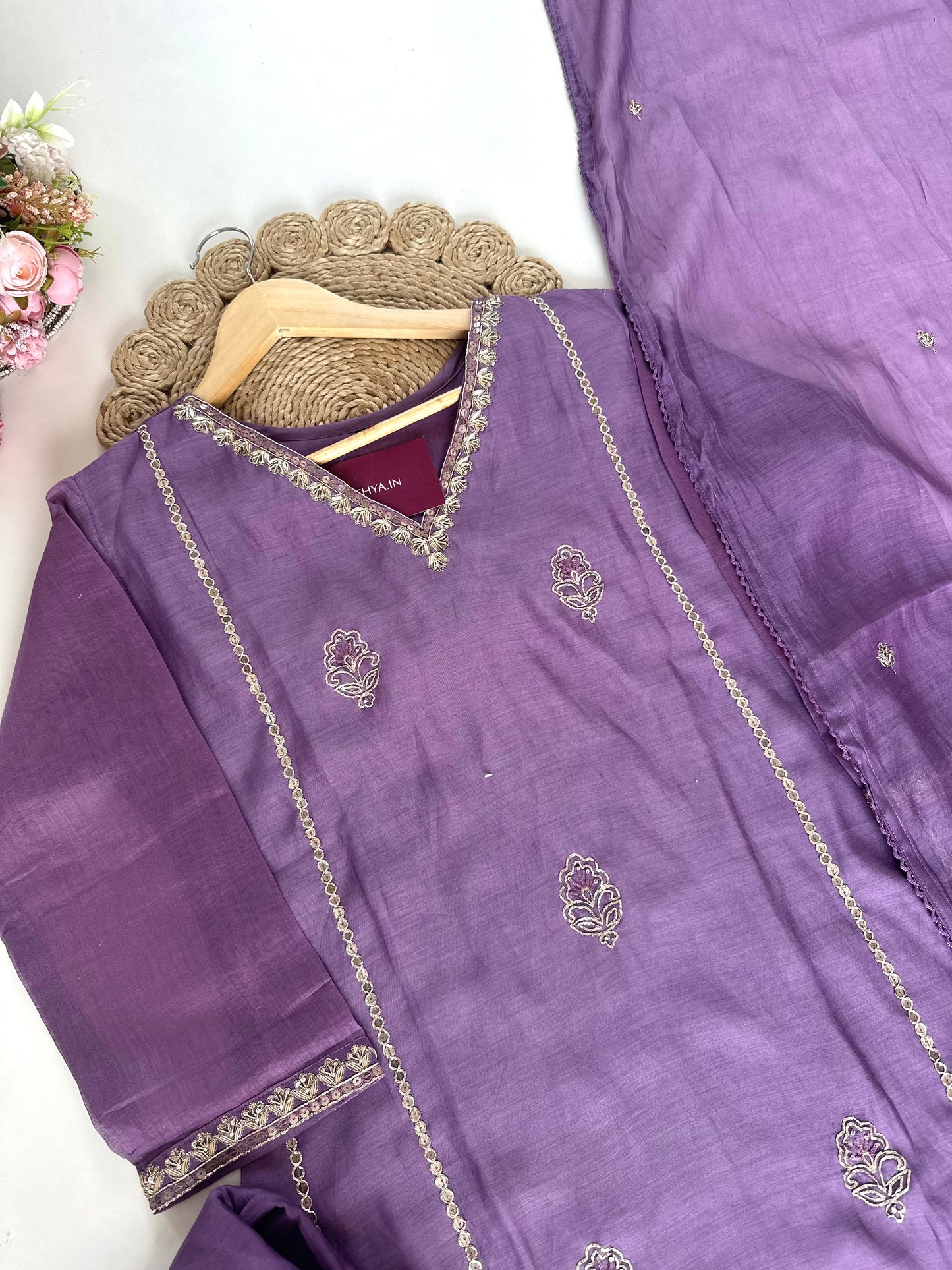 K022 - Mul Chanderi Zardosi work Aline Kurti with pants and dupatta .