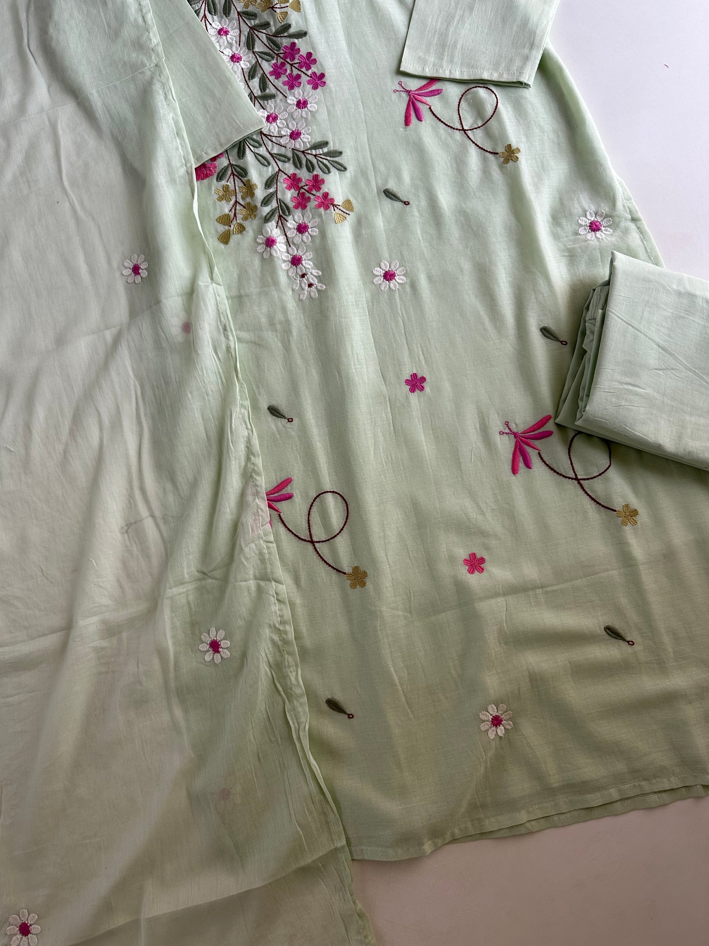 K183 - Mul cotton embroidered straight Kurti with pants and dupatta