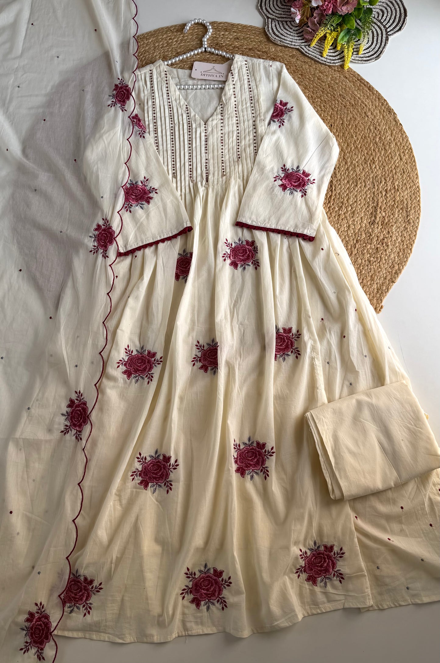 K333 - Mul cotton embroidered Anarkali with pants and dupatta