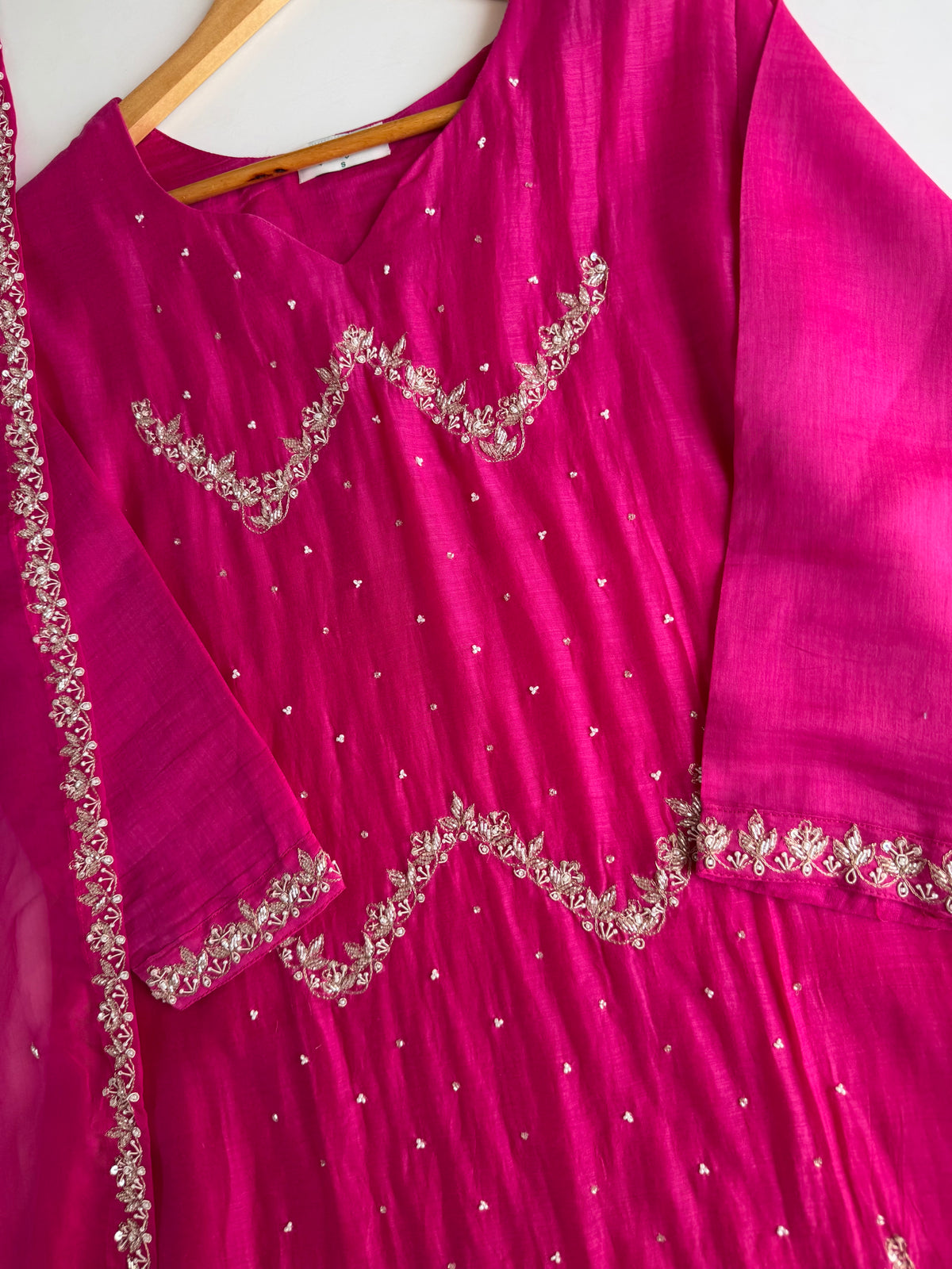 K210-Pure Banarasi Mul chanderi handwork aline Kurti with pants and dupatta