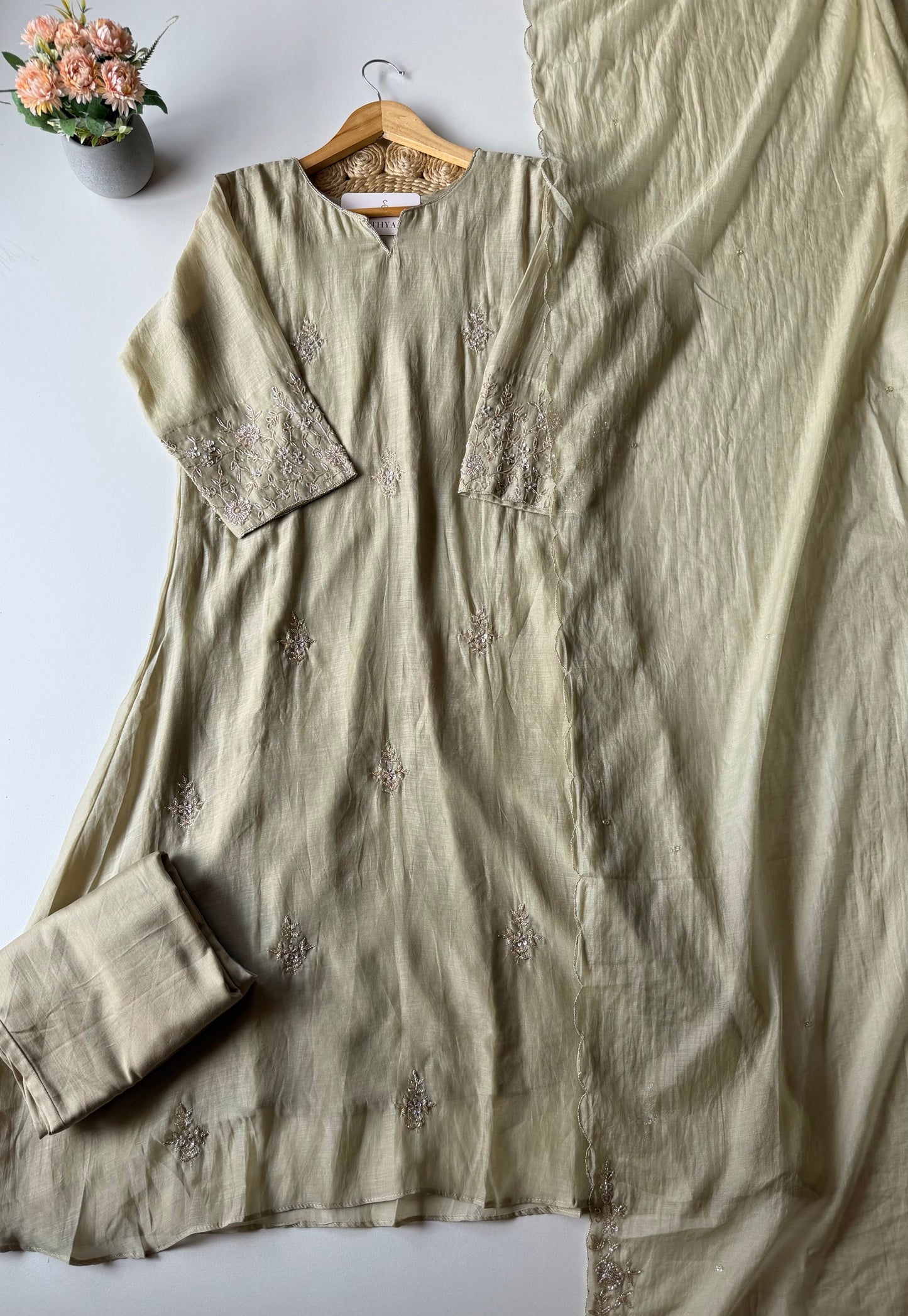 K183 - Mul chanderi handwork aline Kurti with pants and dupatta