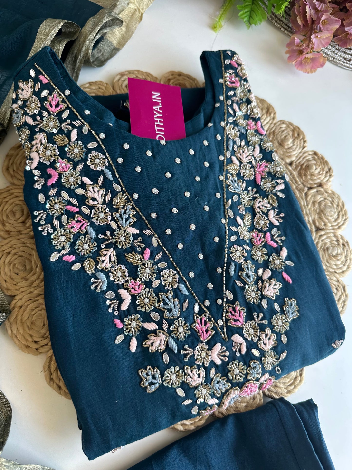 K021 - Mul Chanderi handwork Aline Kurti with pants and dupatta