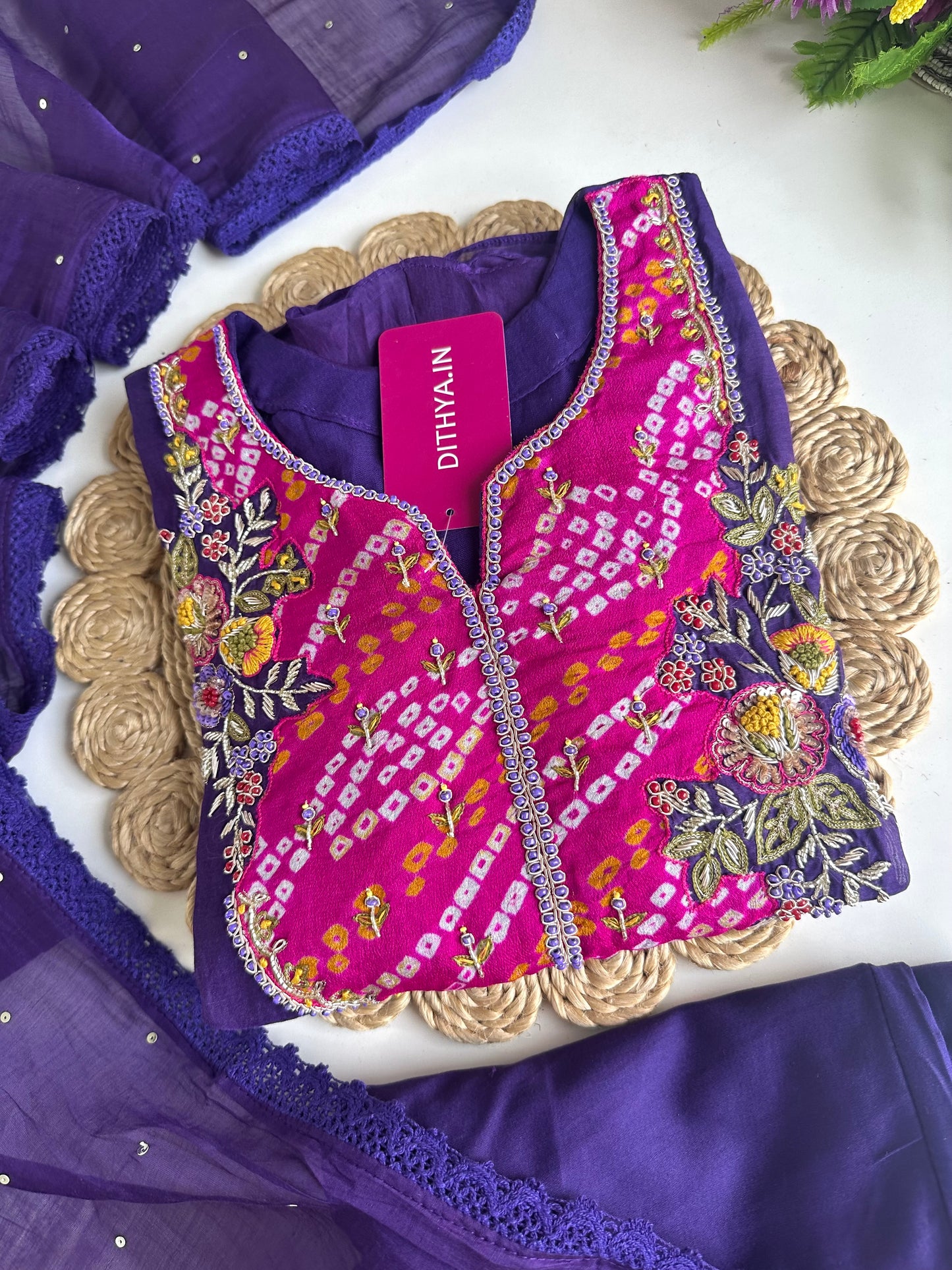K085 - Mul Chanderi Handwork Aline Kurti with pants and dupatta