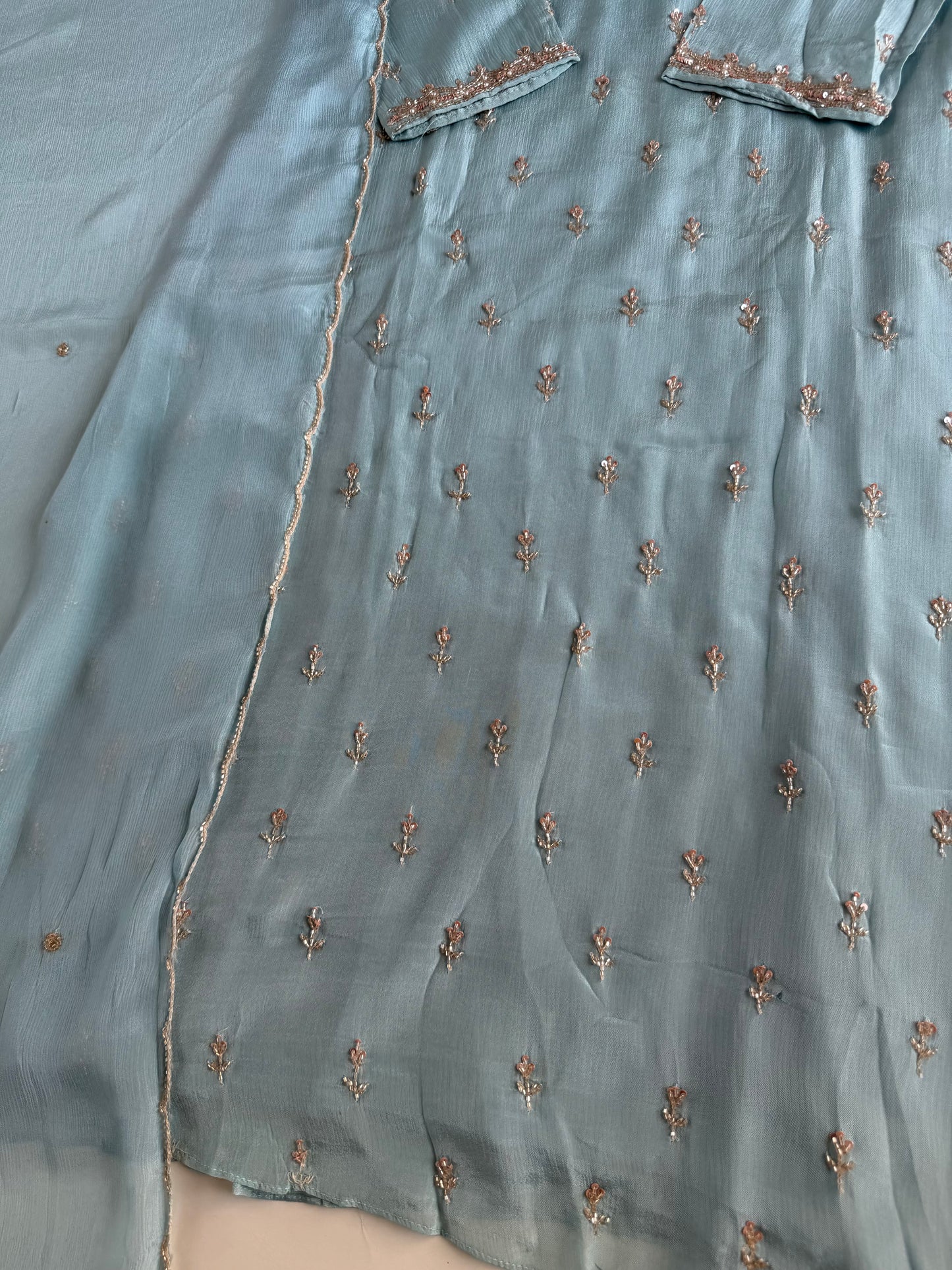 K690 - Pure Chinnon handwork aline Kurti with pants and dupatta