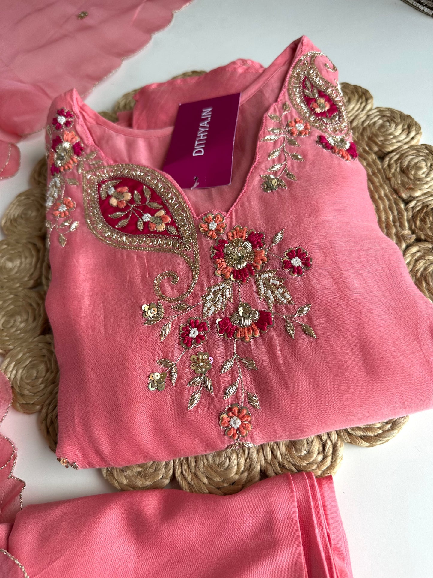 K005 - Mul Chanderi Handwork Aline Kurti with pants and dupatta in 2 colours