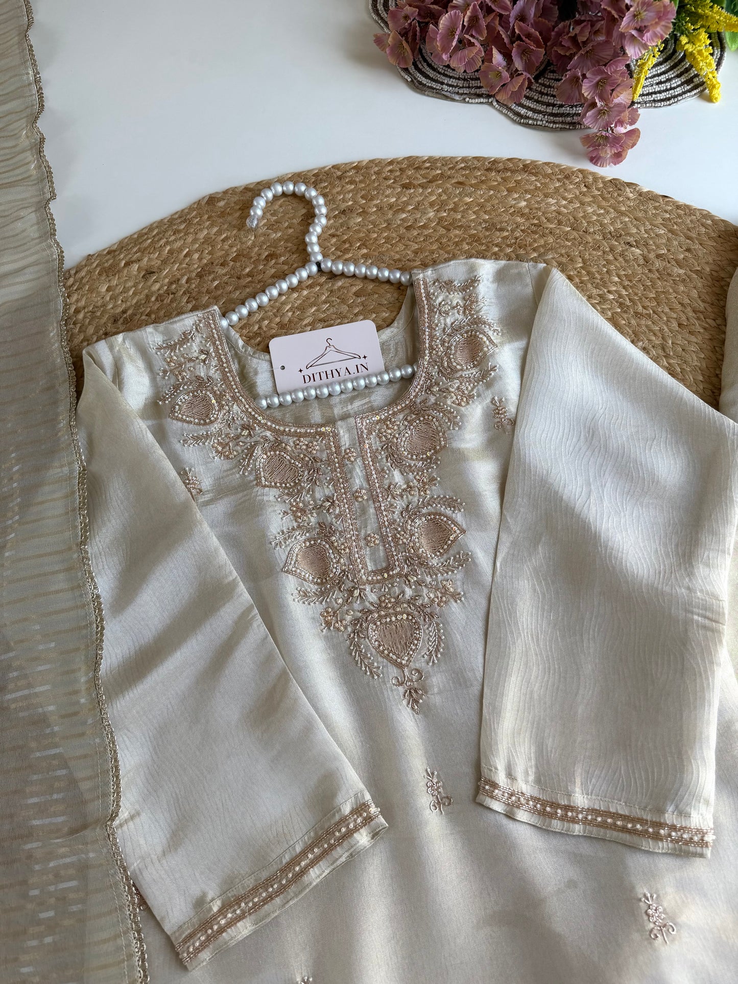 K157 - Tissue silk handwork short Kurti with divider pants and dupatta