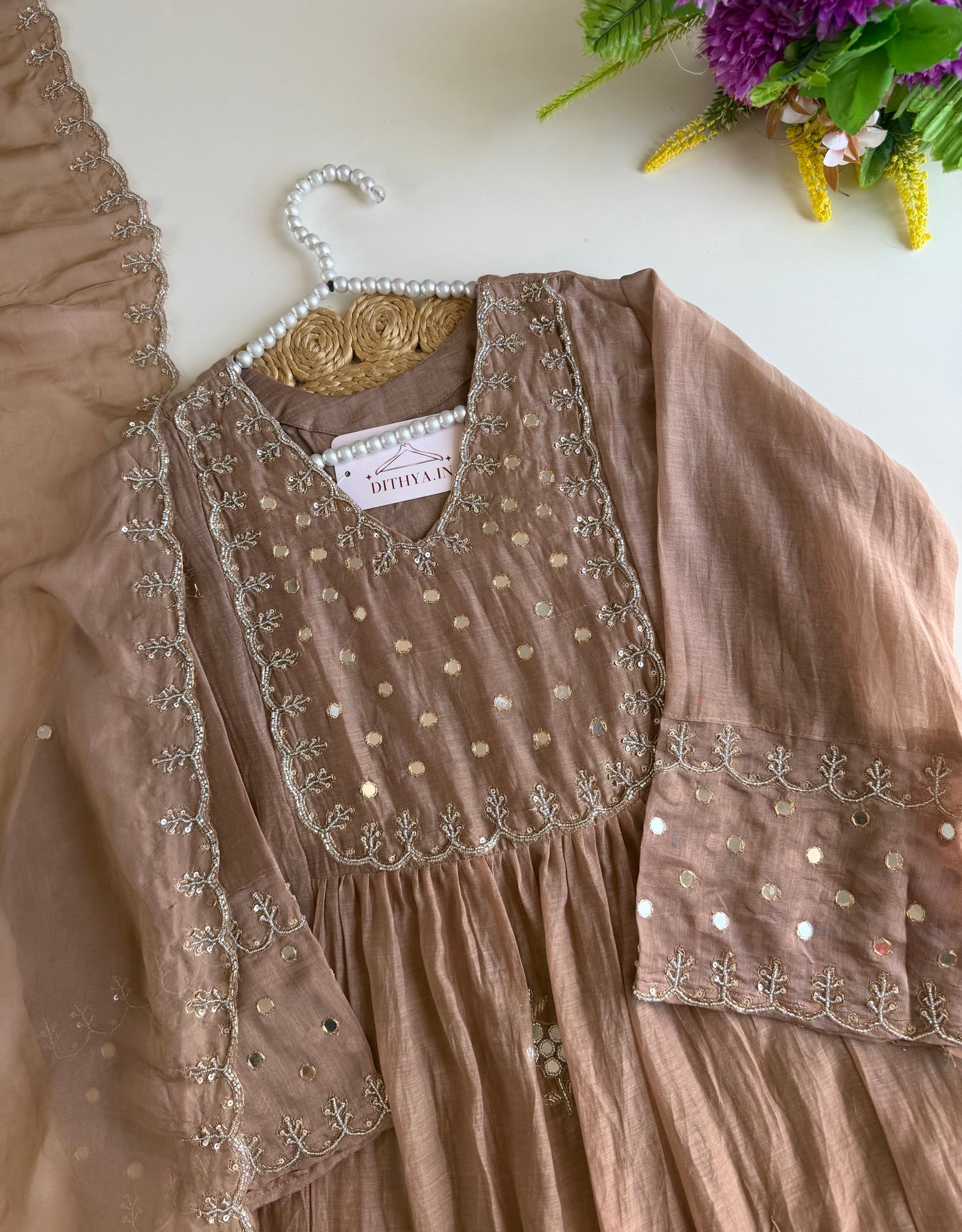 K278 - Mul chanderi mirror handwork Anarkali with pants and dupatta