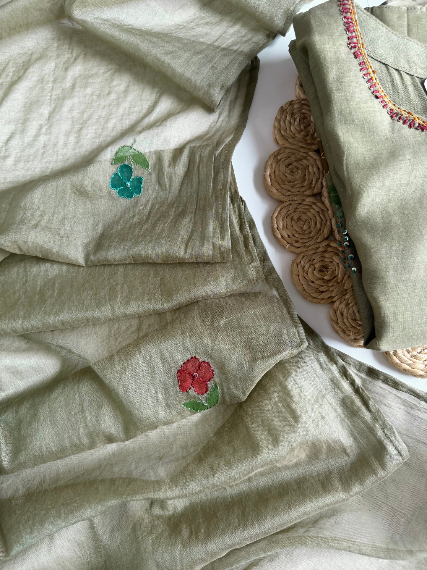 K496 - Mul chanderi appliqué work aline Kurti with pants and dupatta