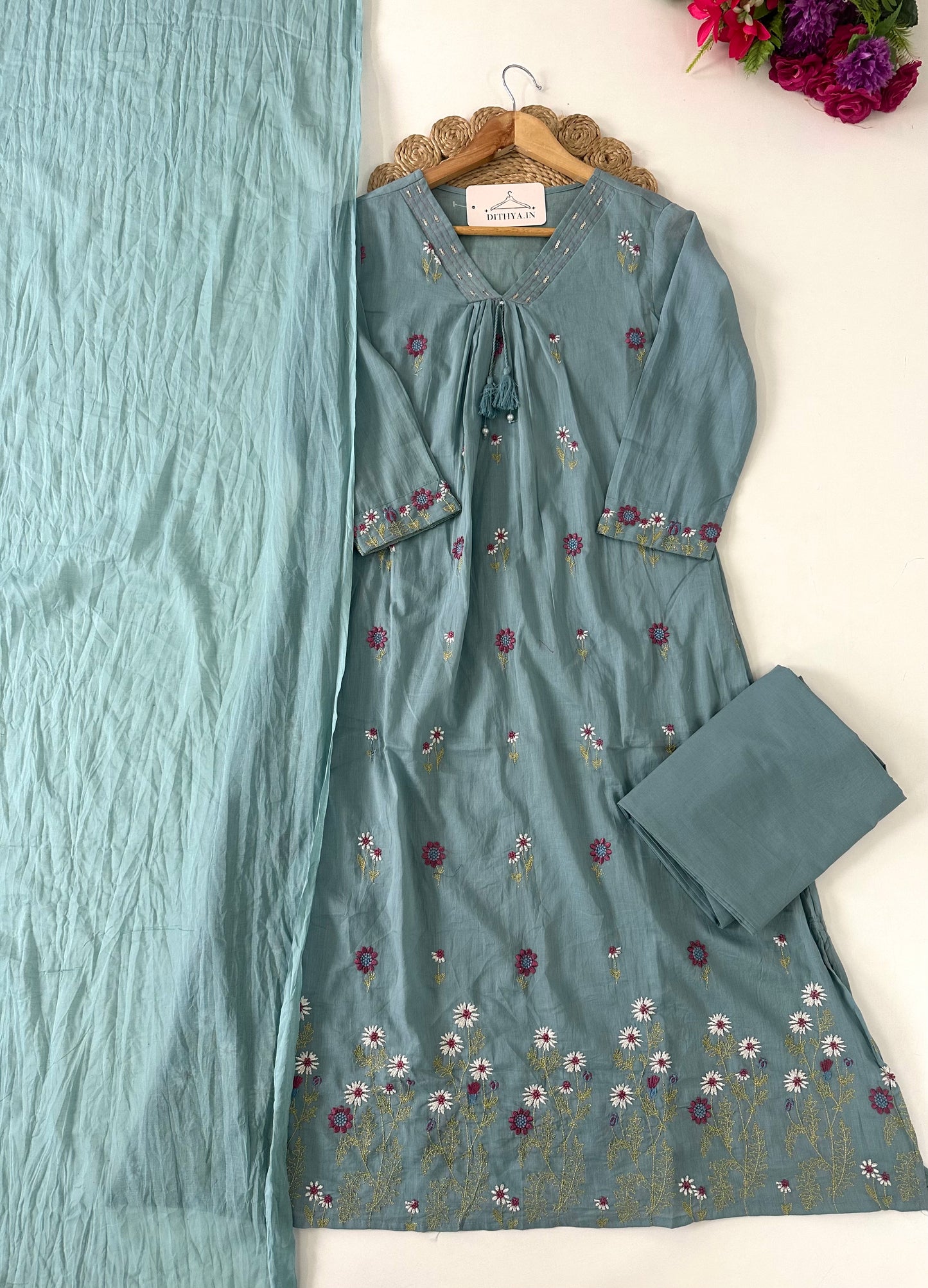 K395 - Mul cotton embroidered Aline Kurti with pants and dupatta in 3 colours
