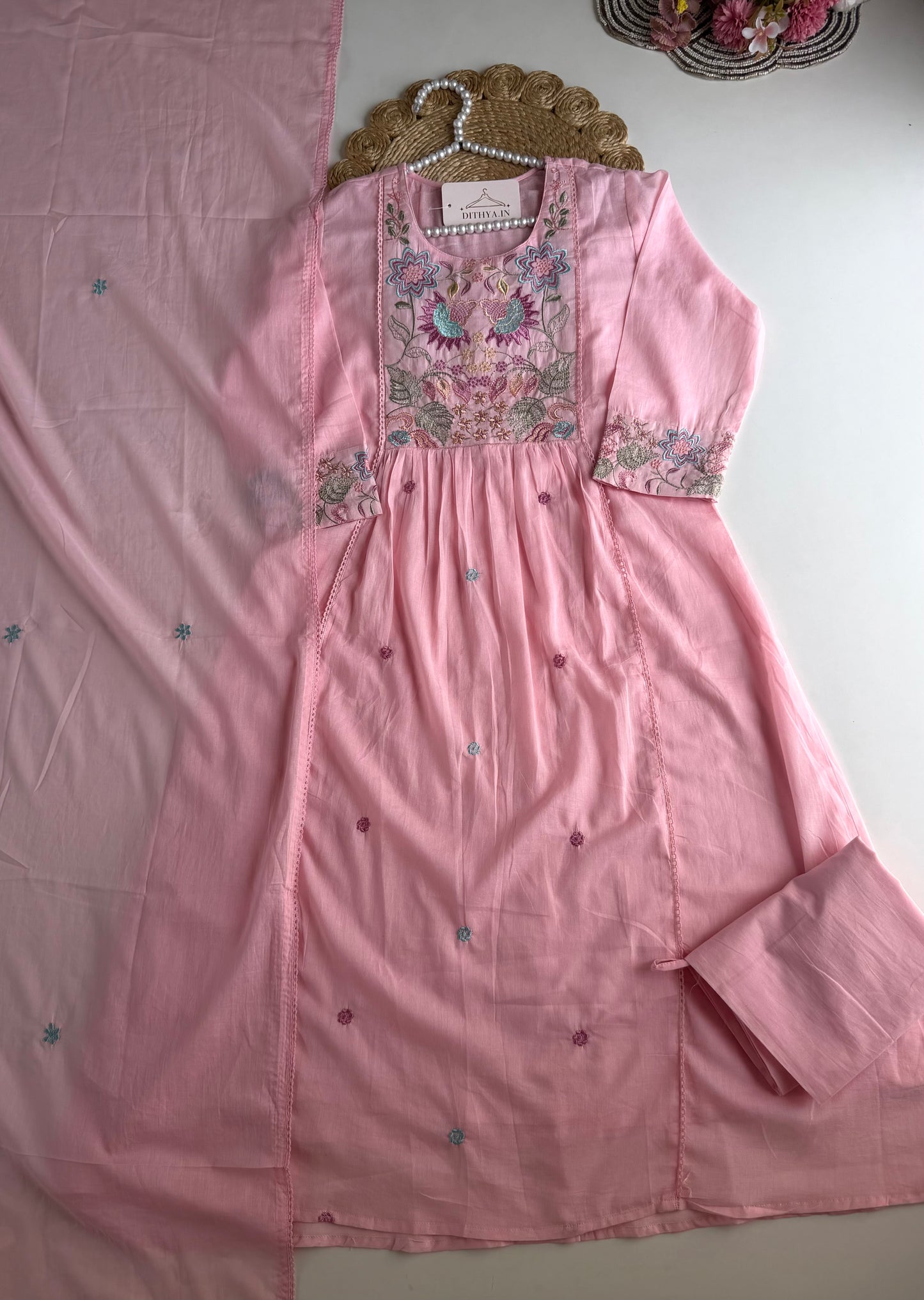 K215 - Mul cotton embroidered Anarkali with pants and dupatta in 2 colours