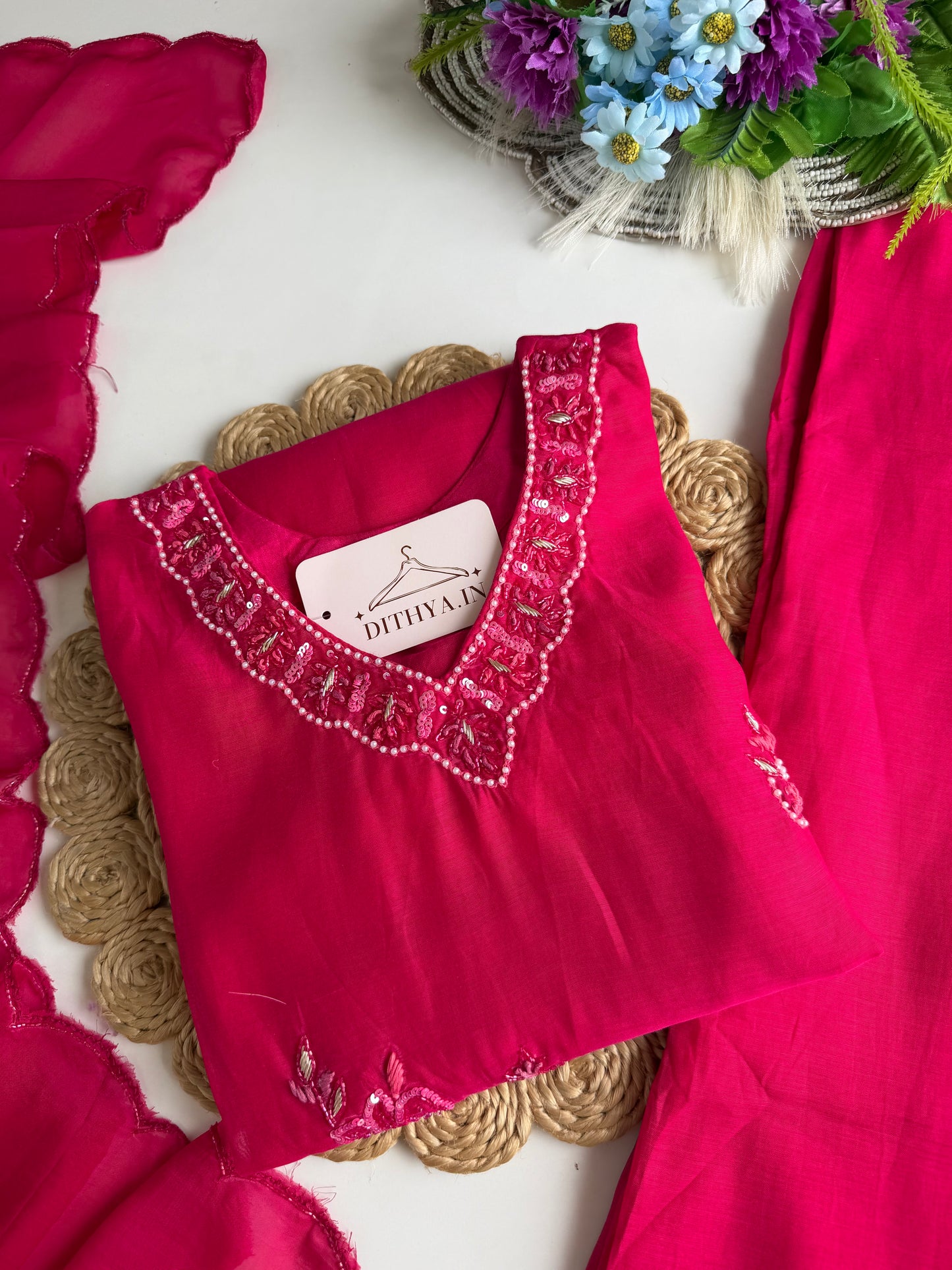 K610 - Mul chanderi handwork short Kurti with pants and dupatta