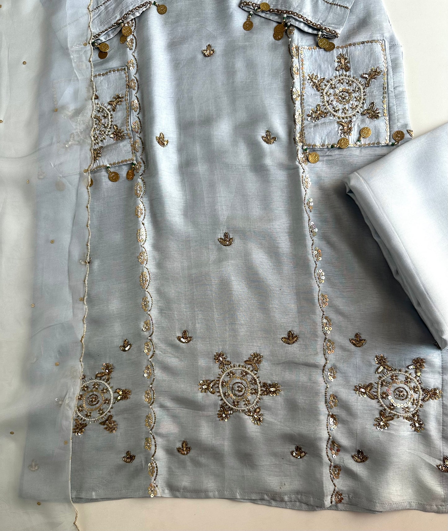 K188 - Russian silk handwork straight Kurti with pants and dupatta in 2 colours