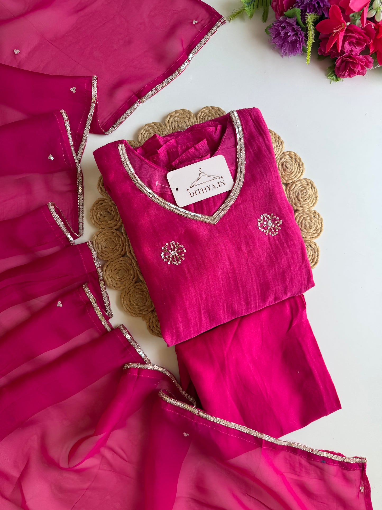 K524 - Mul chanderi handwork aline Kurti with pants and dupatta