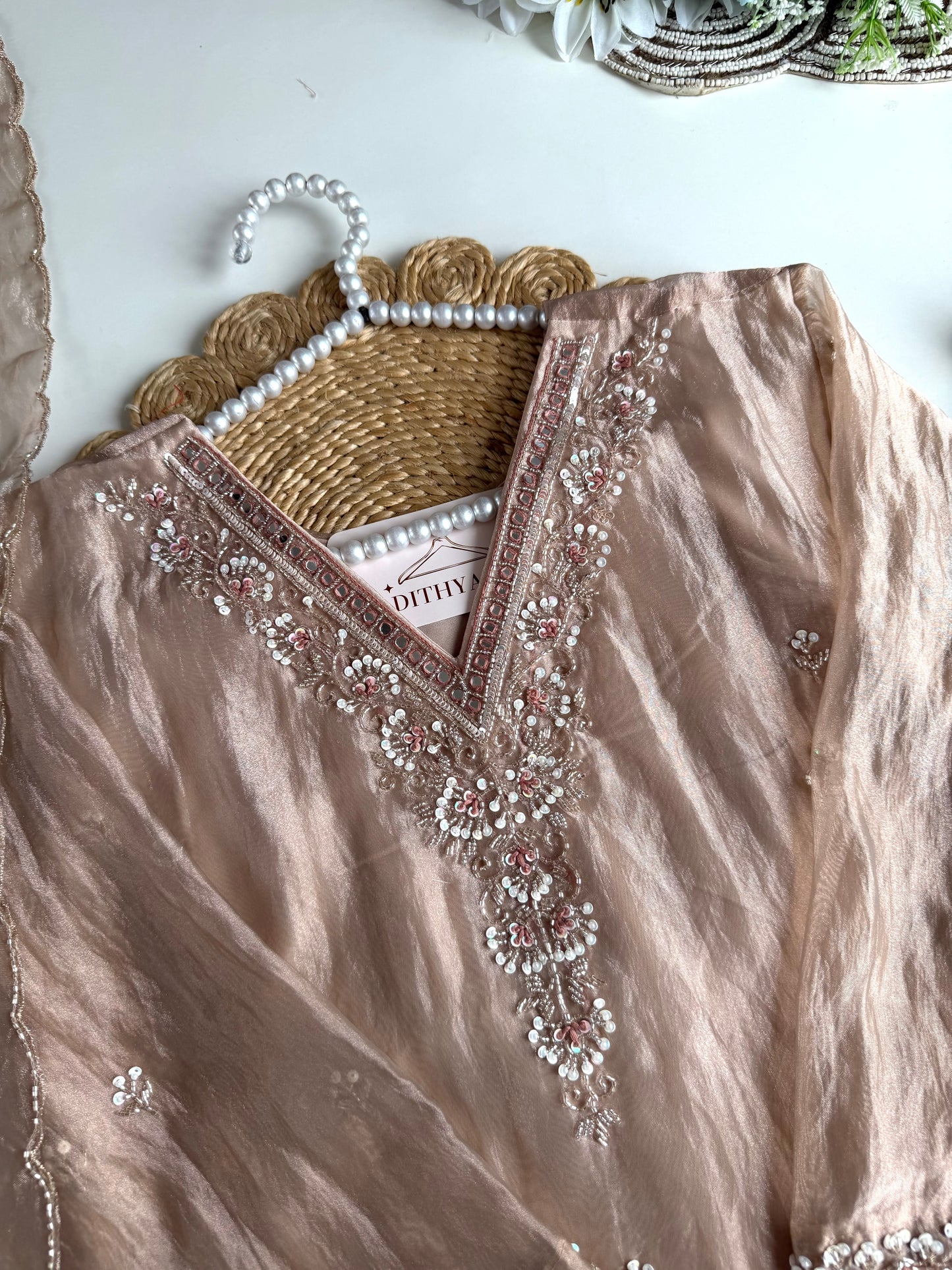 K631 - Glass Tissue handwork short Kurti with palazzo and dupatta