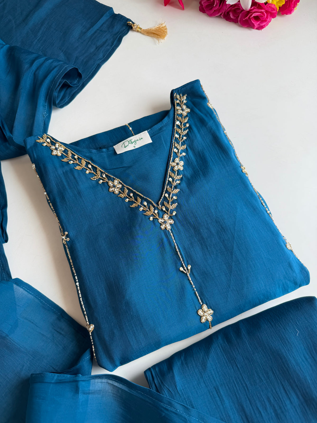 K690 - Surat mul chanderi handwork aline Kurti with pants and dupatta