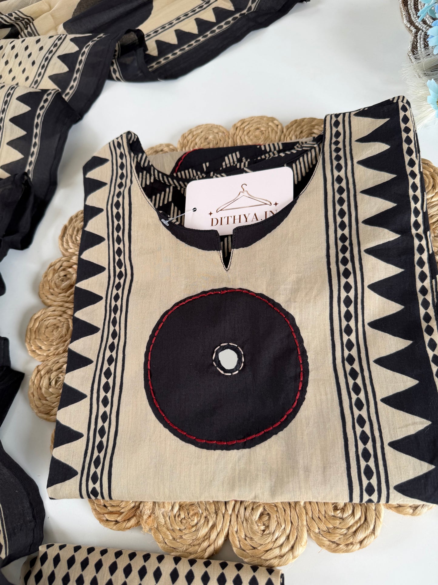 K428 - Cotton embroidered straight Kurti with pants and dupatta