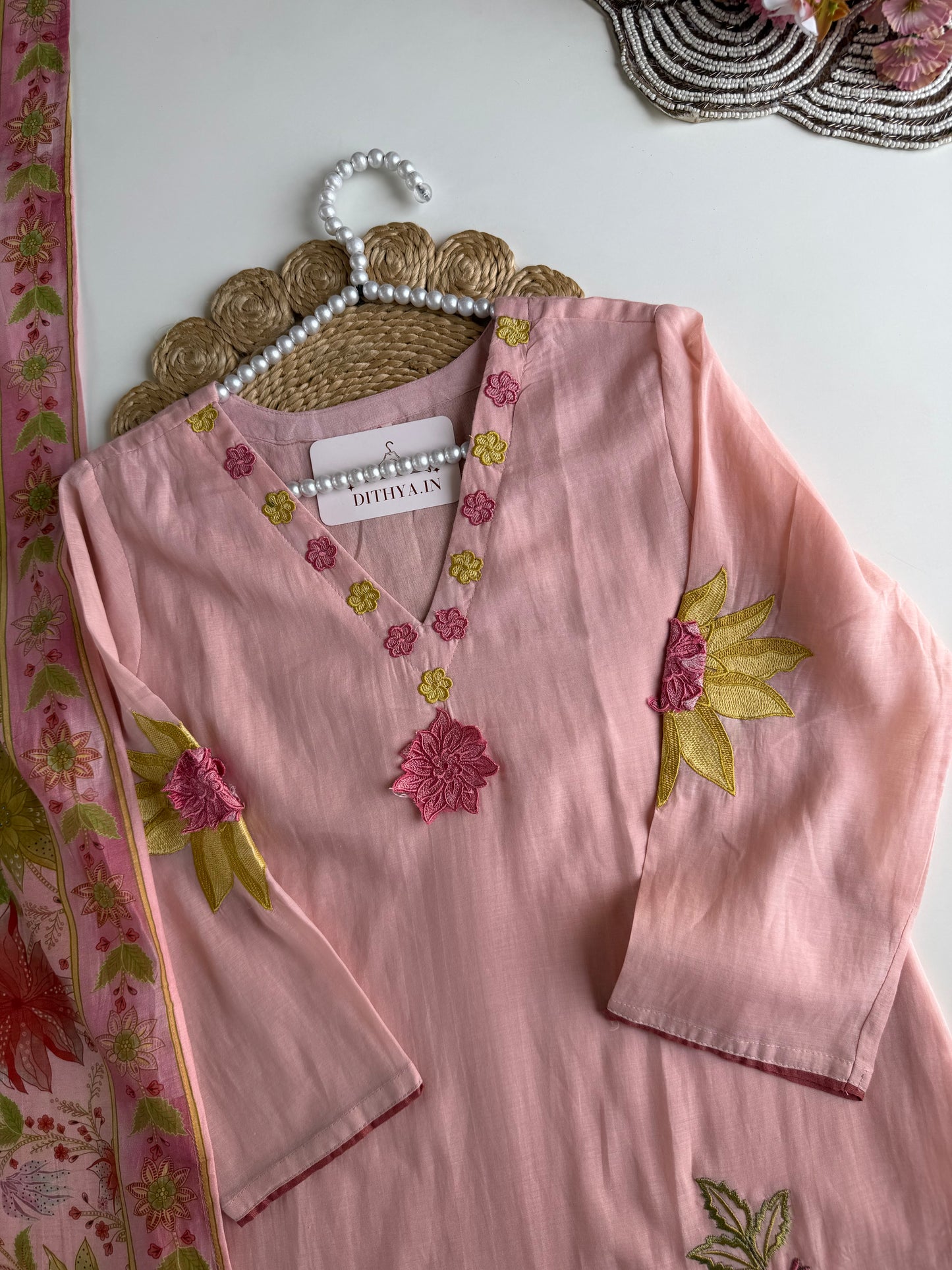 K227 - Mul cotton embroidered Aline Kurti with pants and dupatta