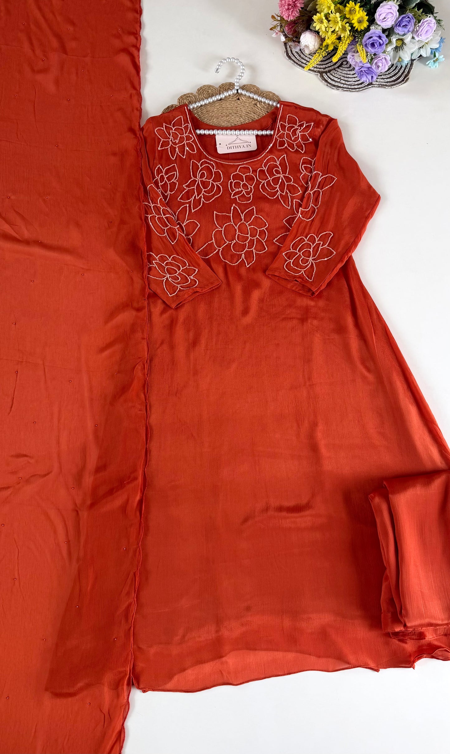 K585 - Pure Chinnon pearl work aline Kurti with pants and dupatta