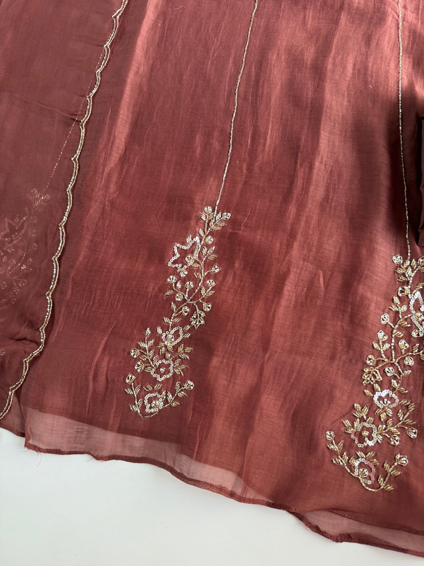 K582 - Mul chanderi handwork aline Kurti with pants and dupatta