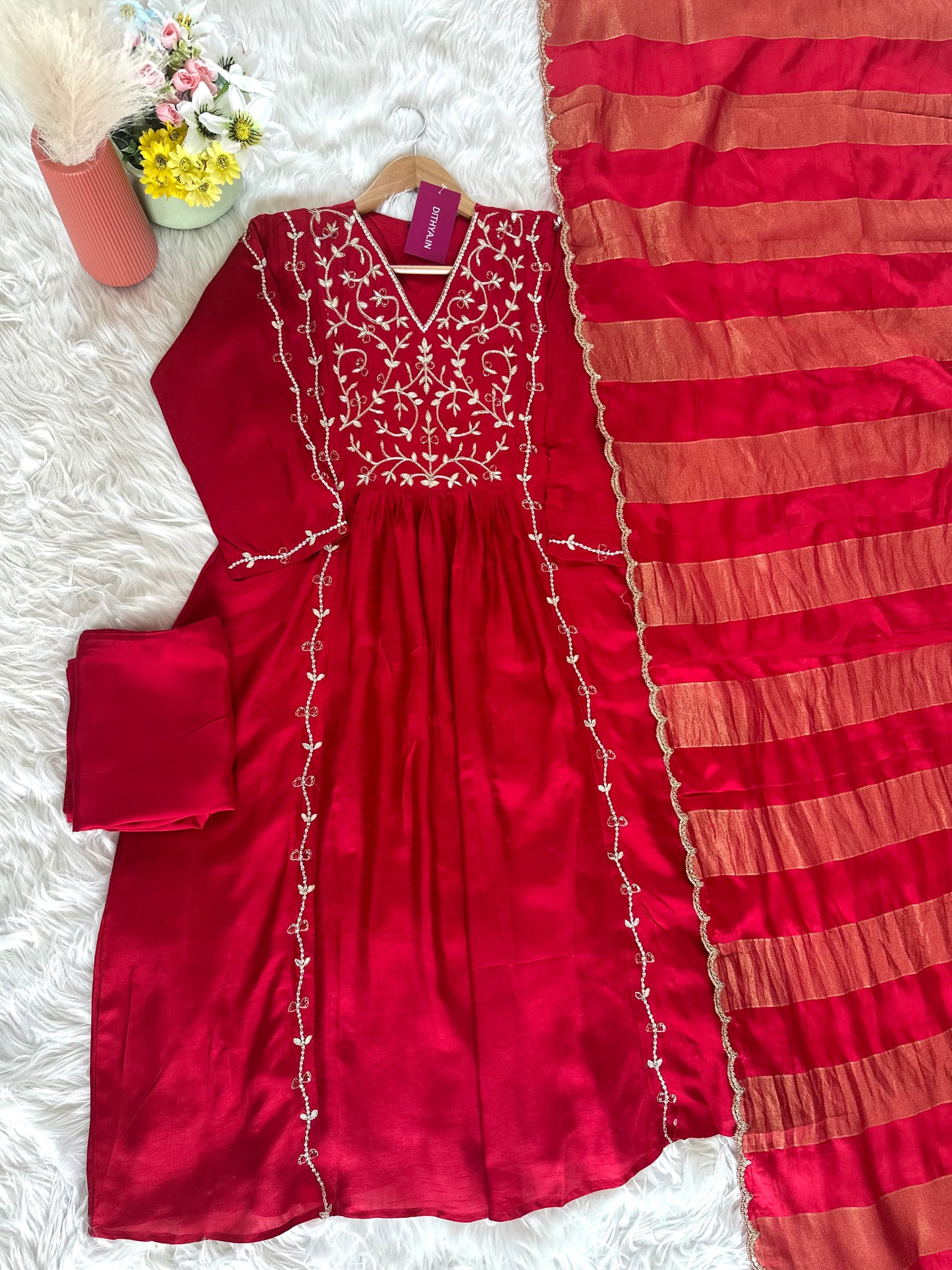 K419 - Russian silk handwork Aline Kurti with pants and dupatta