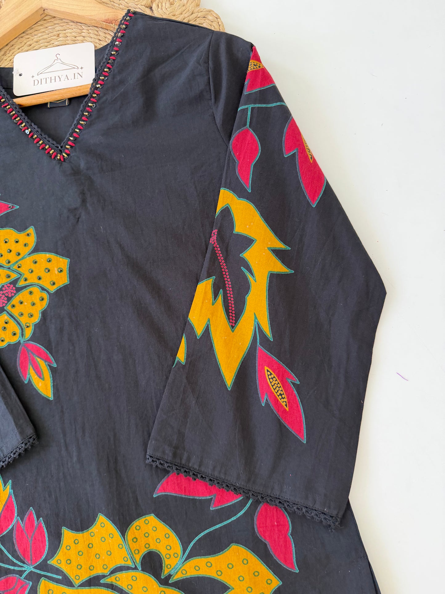 K415 - Mul cotton embroidered Aline Kurti with pants and dupatta