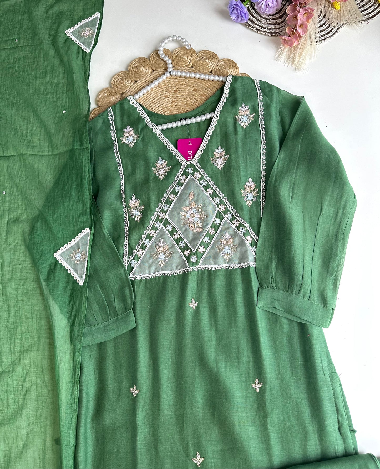 K329 - Mul Chanderi handwork straight Kurti with pants and dupatta