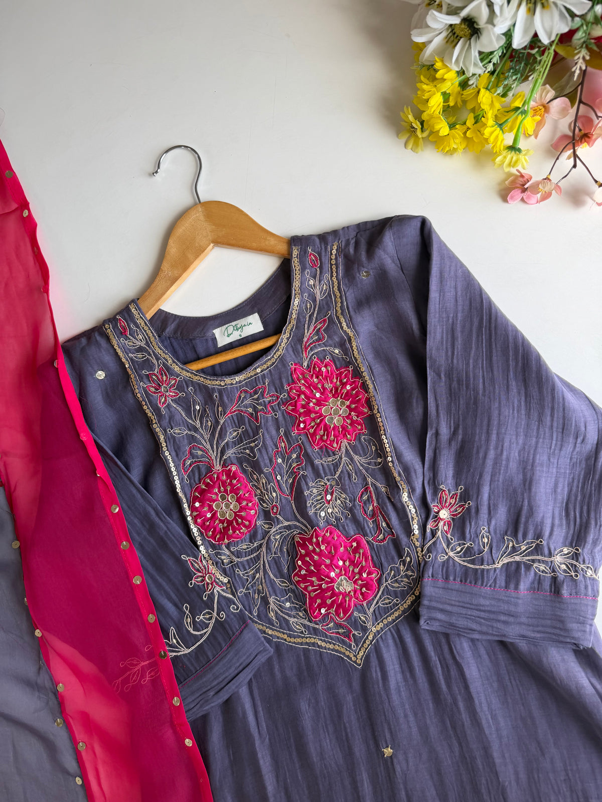 K132 - Pure Banarasi Mul chanderi handwork aline Kurti with pants and dupatta
