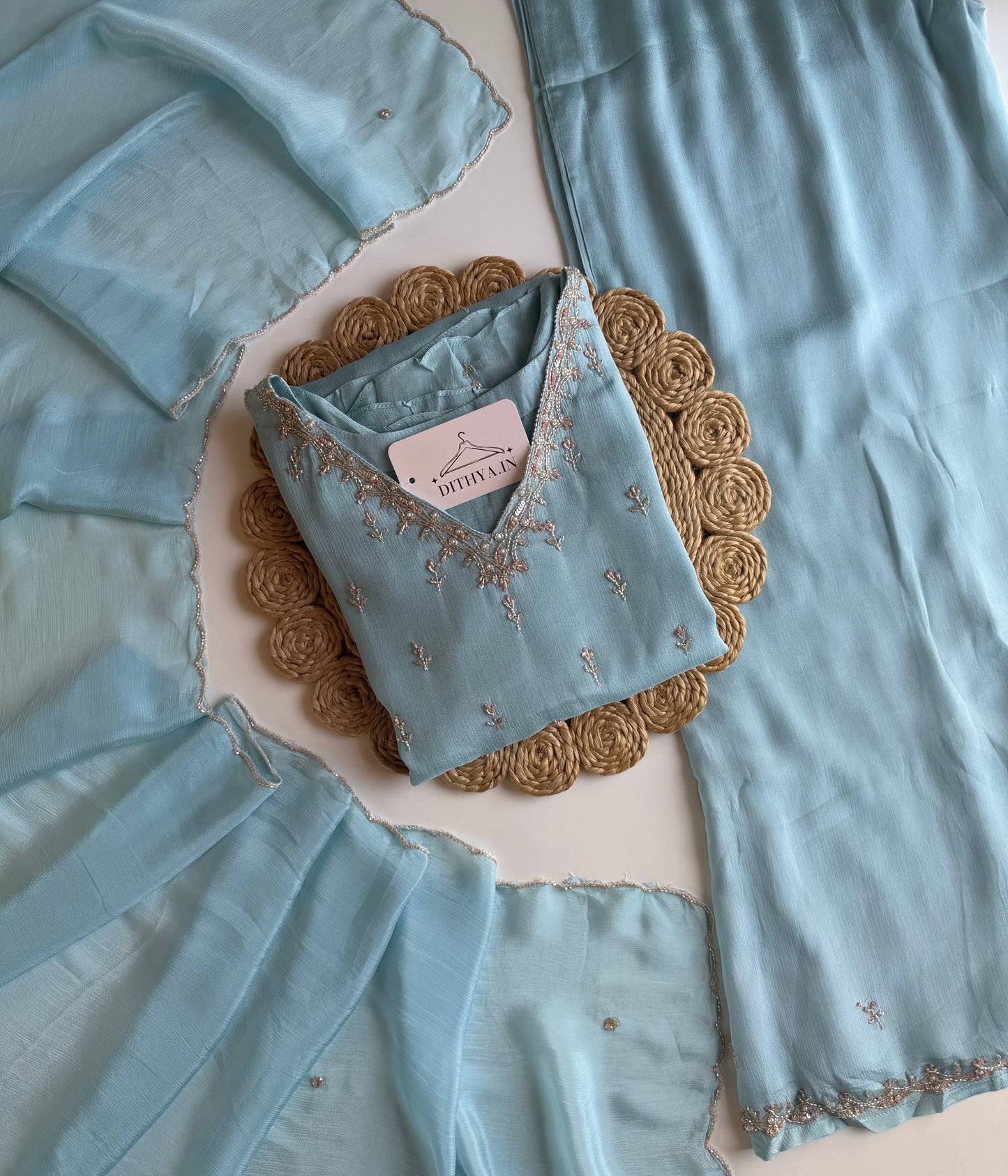 K690 - Pure Chinnon handwork aline Kurti with pants and dupatta