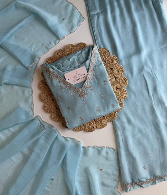 K690 - Pure Chinnon handwork aline Kurti with pants and dupatta