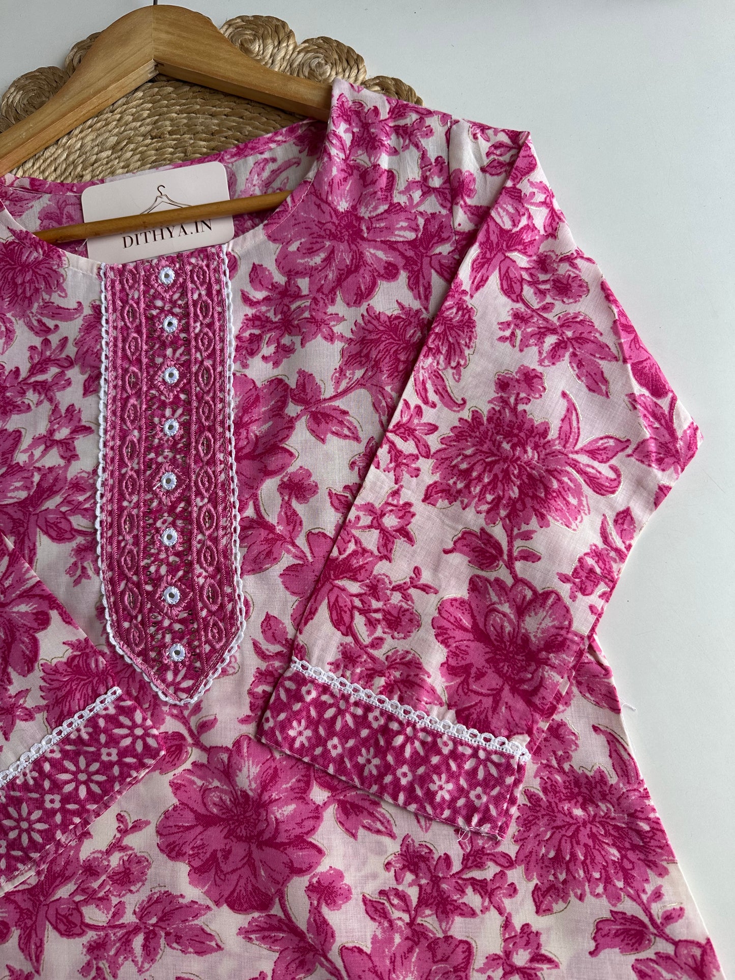 K213 - Cotton embroidered straight Kurti with pants and dupatta