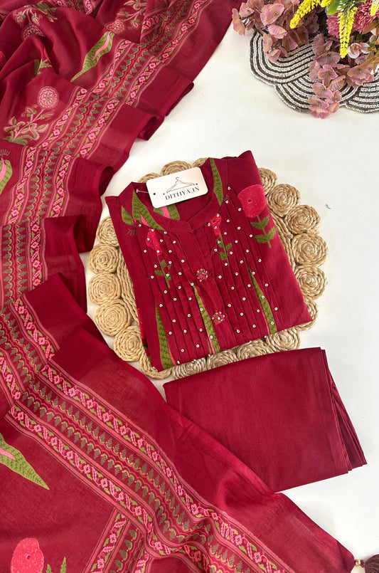 K693 - Mul cotton embroidered Aline Kurti with pants and dupatta