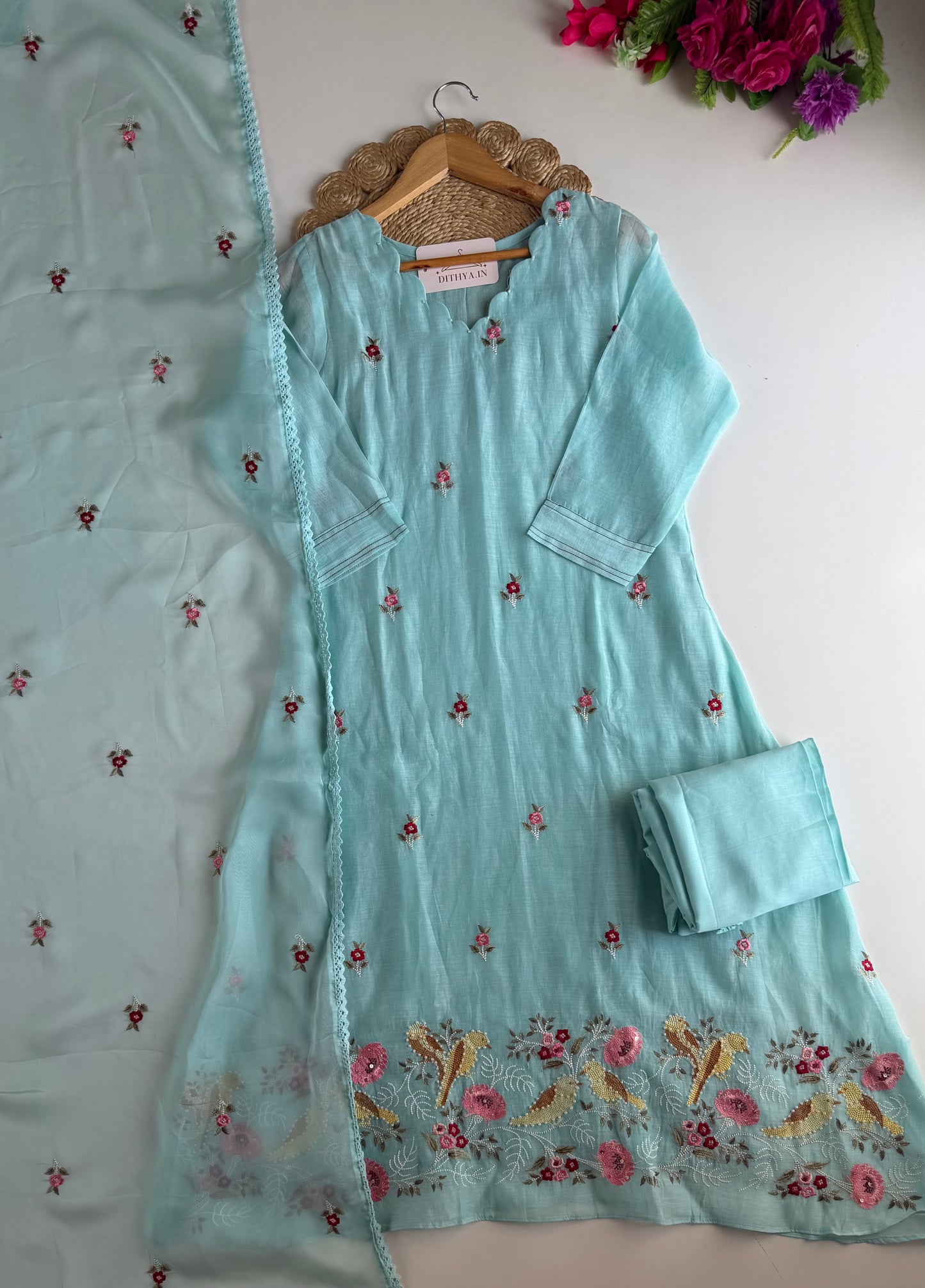 K631 - Mul chanderi intricate embroidery Aline Kurti with pants and dupatta