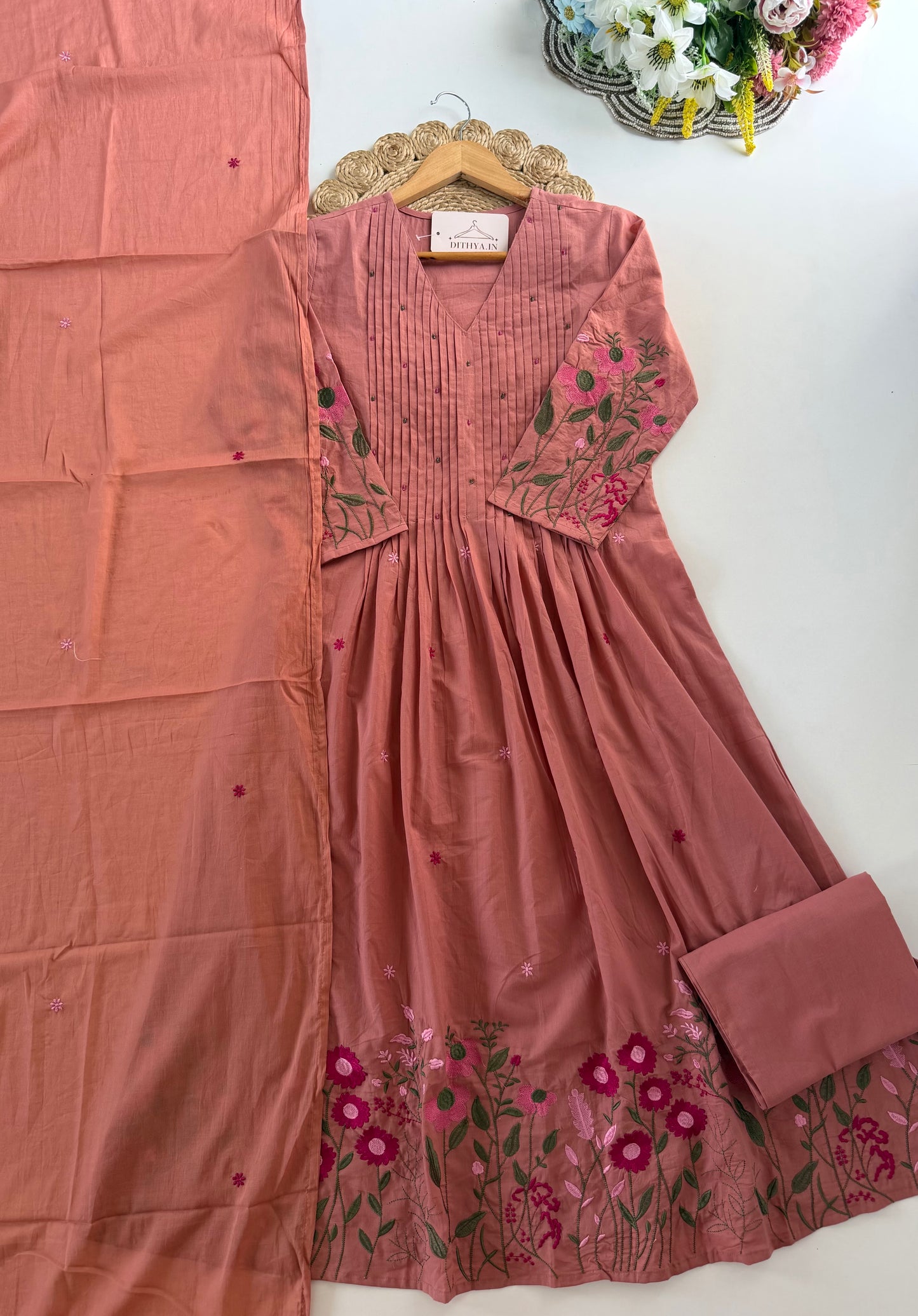 K449 - Mul cotton pintex embroidered Anarkali with pants and dupatta