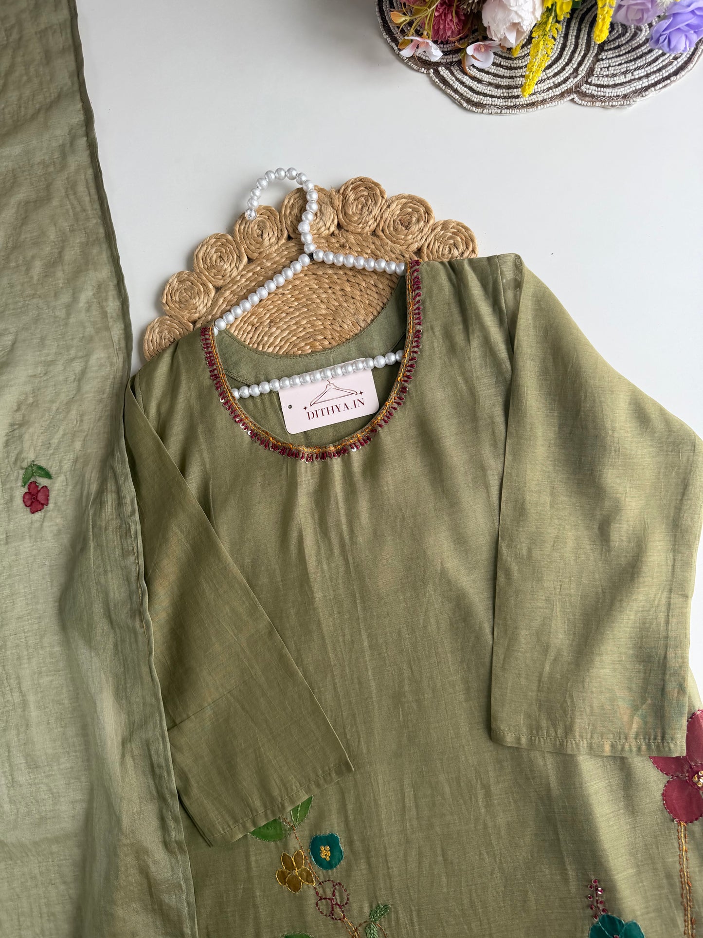 K496 - Mul chanderi appliqué work aline Kurti with pants and dupatta