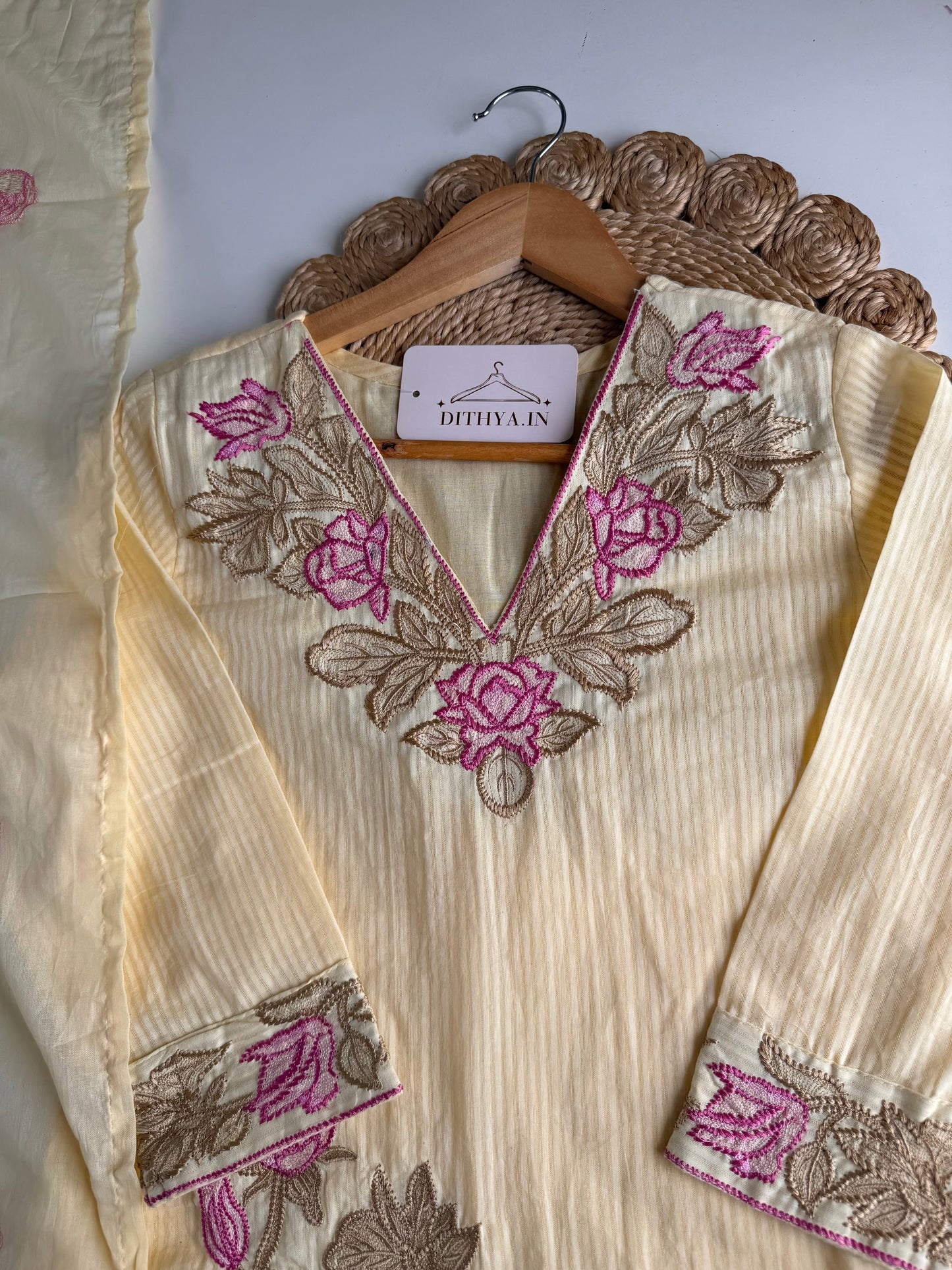 K109 - Self Mul cotton embroidered Aline Kurti with pants and dupatta