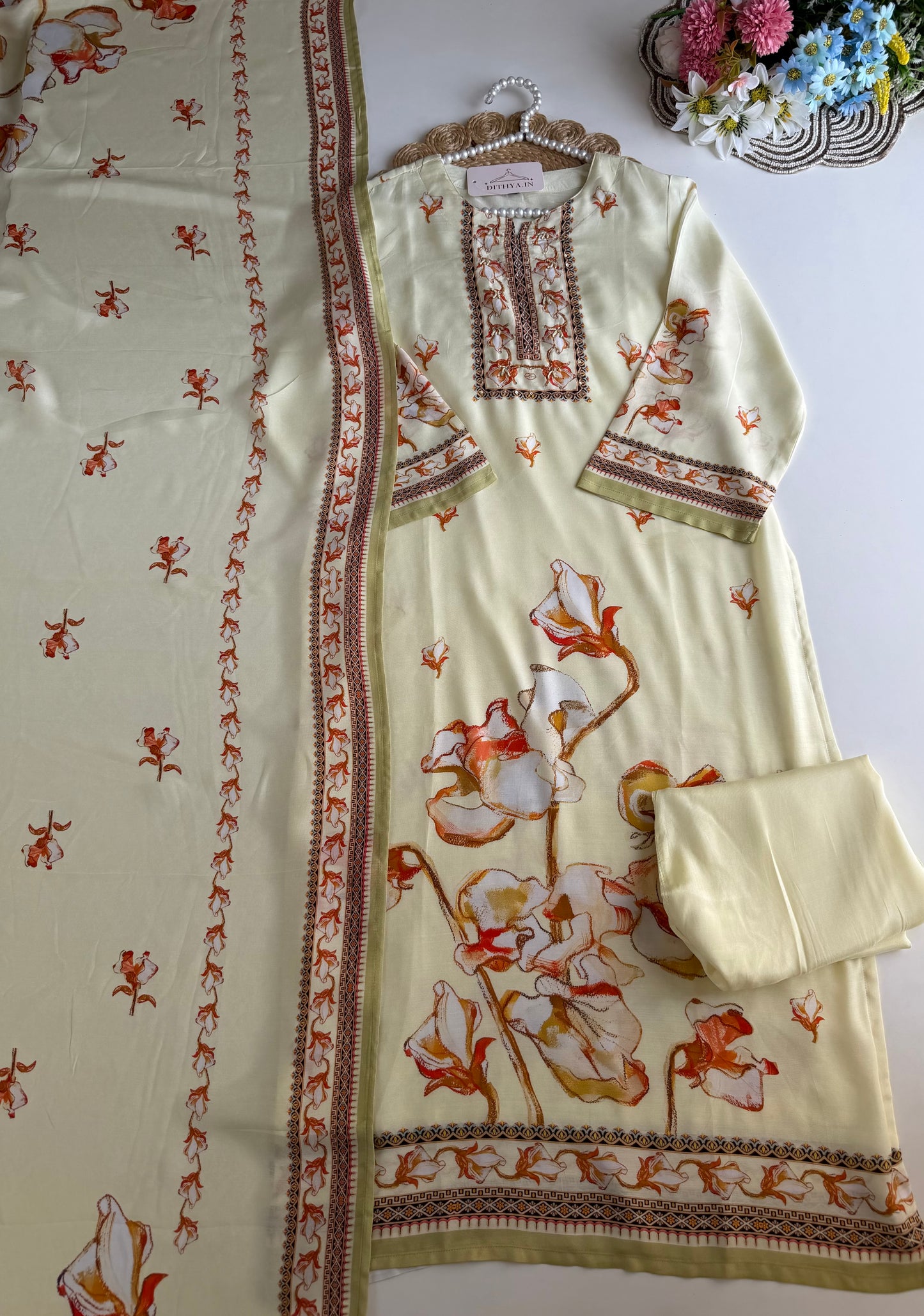 K554 - Muslin silk handwork straight Kurti with pants and dupatta