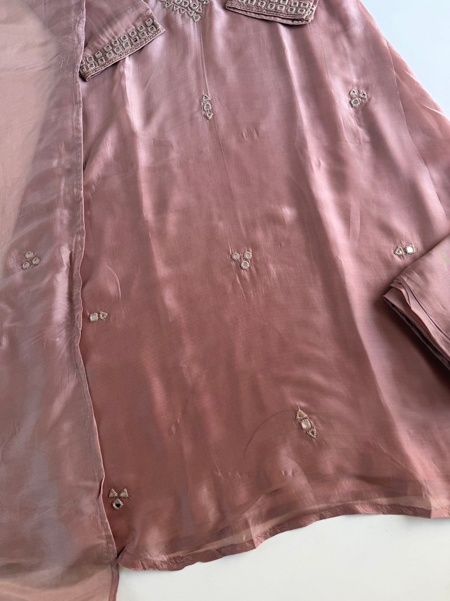 K424 - Pure HO silk mirror work aline Kurti with pants and dupatta