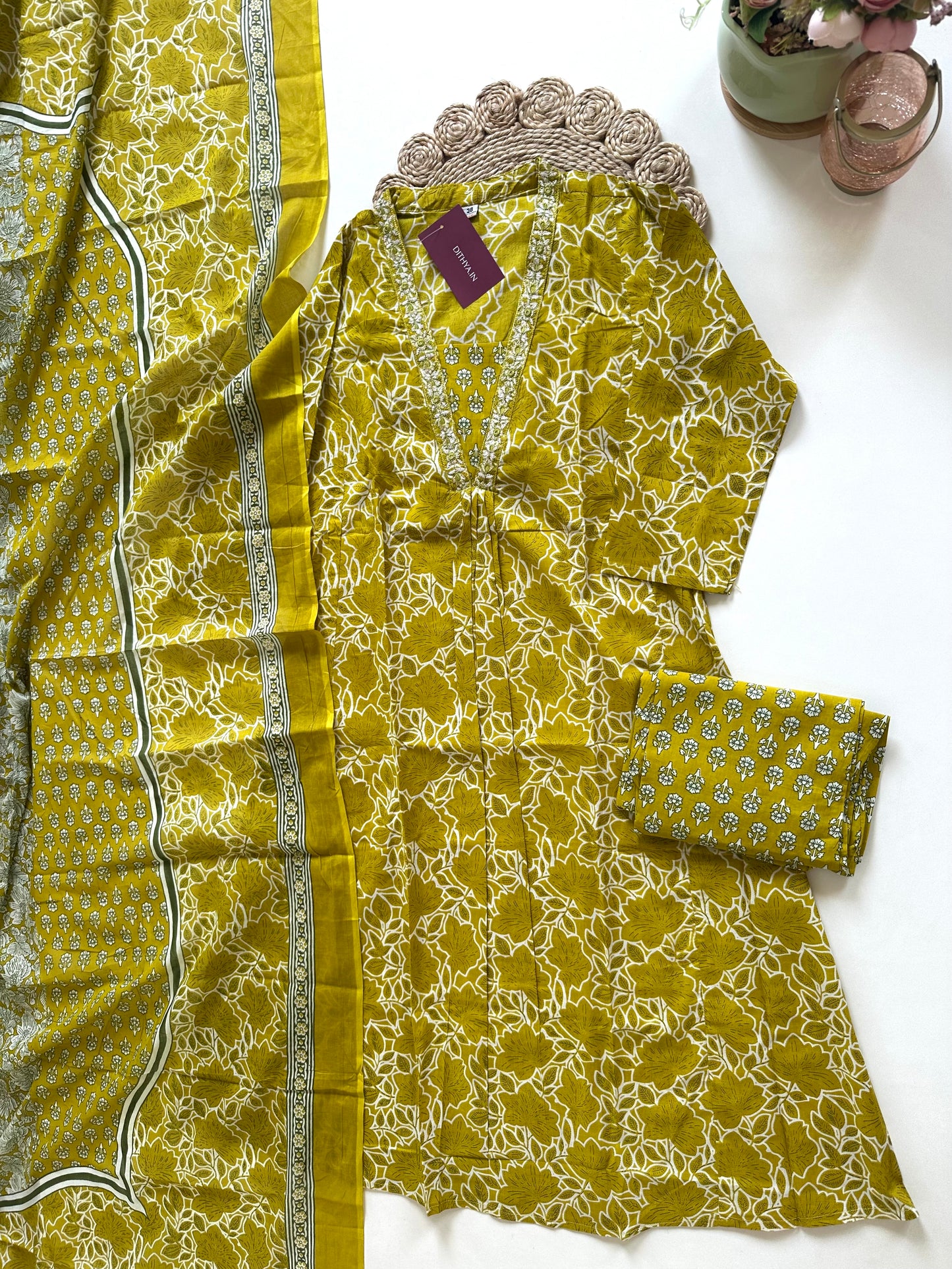 K157 - Cotton printed Aline Kurti with pants and dupatta in 2 colours .